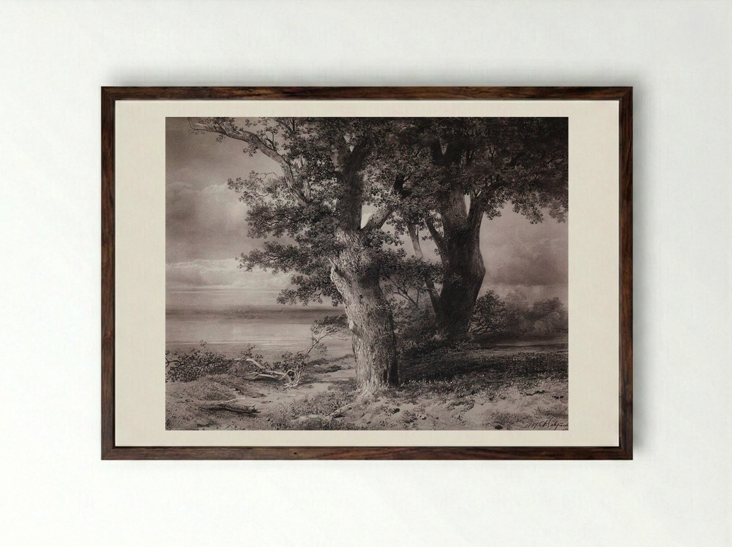 Oaks on the shore - Aleksey Savrasov - Framed Print Dark Wood