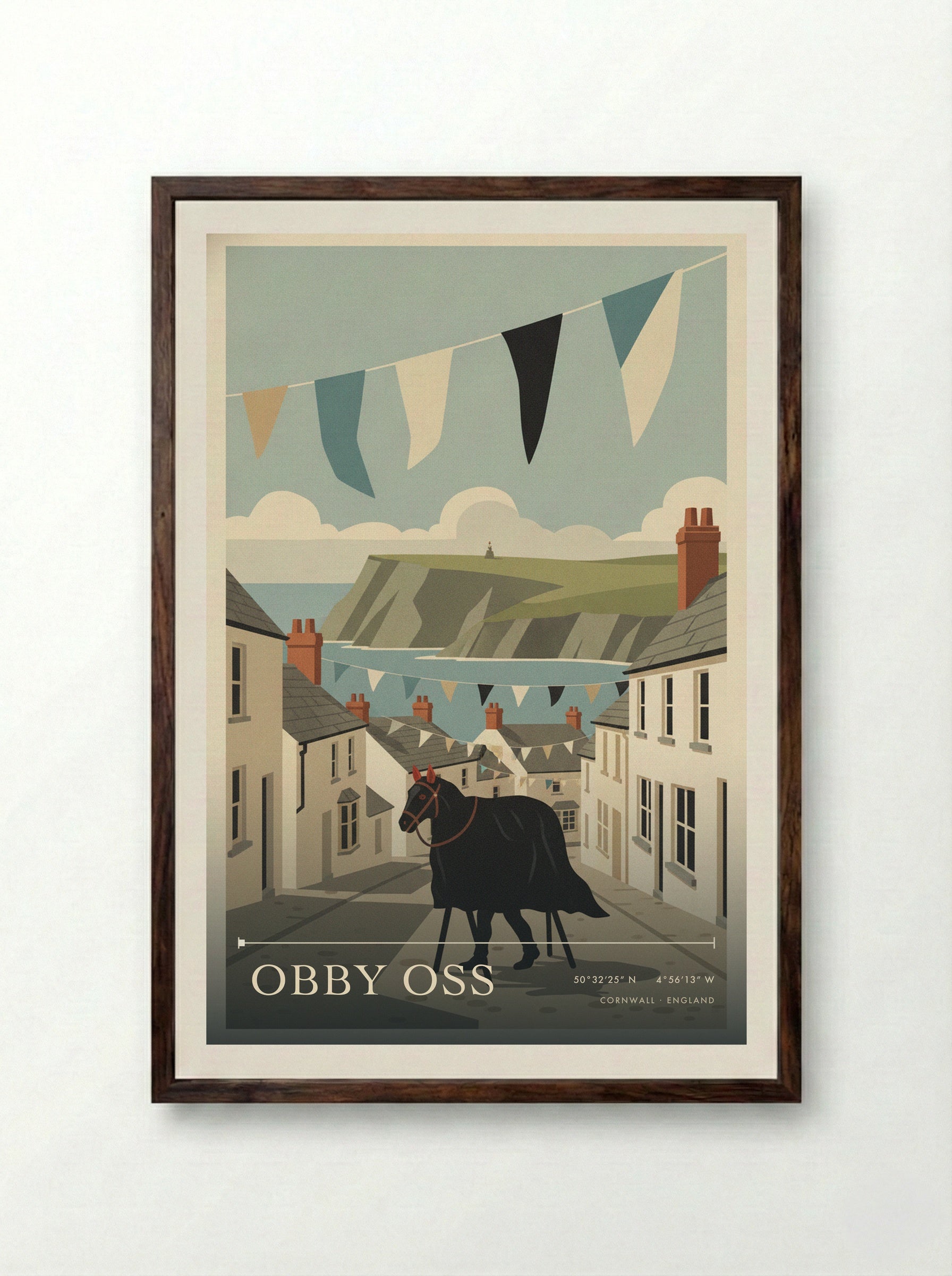 Obby Oss Cornwall England Travel Poster - Framed Print Dark Wood