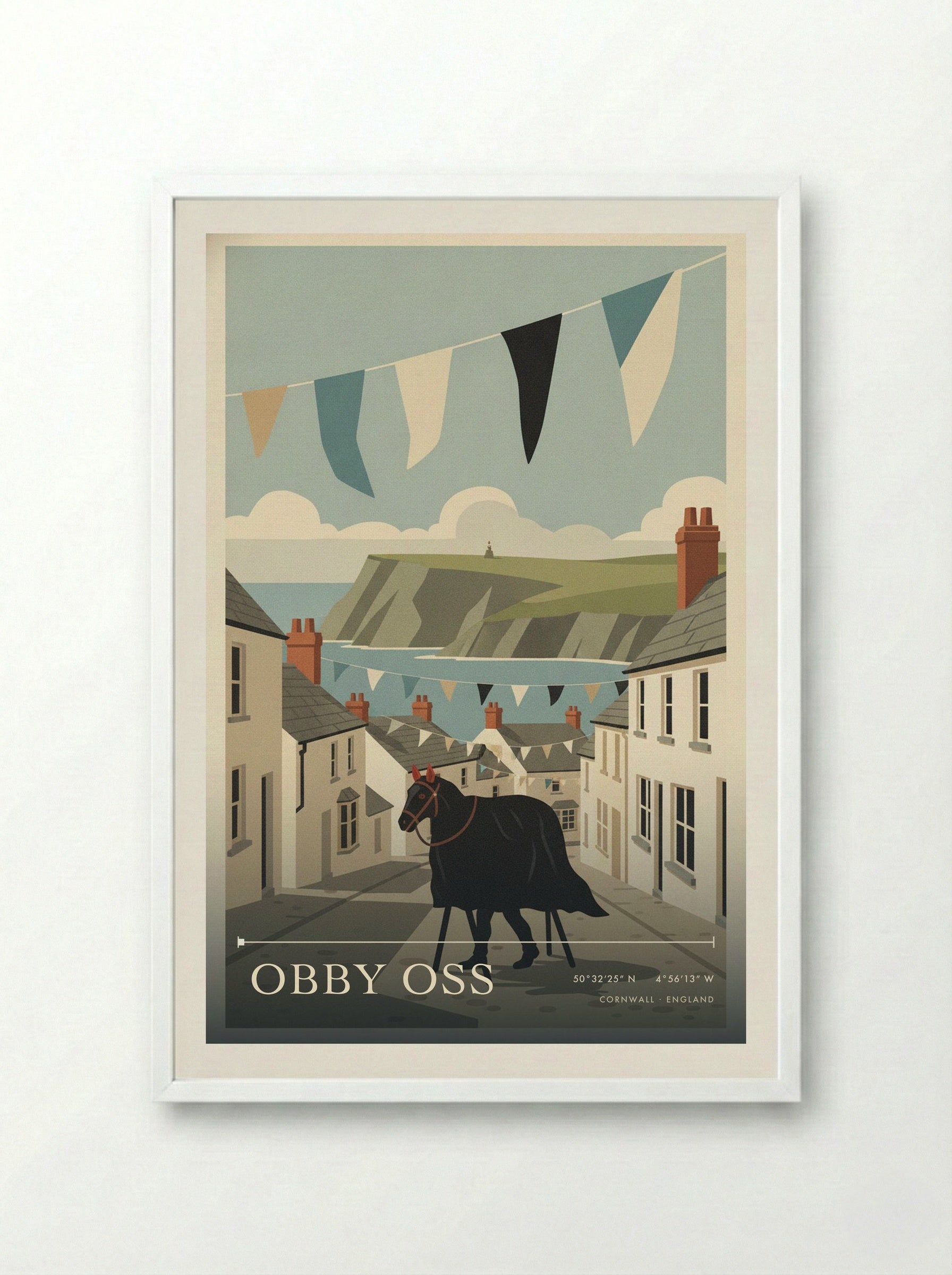 Obby Oss Cornwall England Travel Poster - Framed Print White