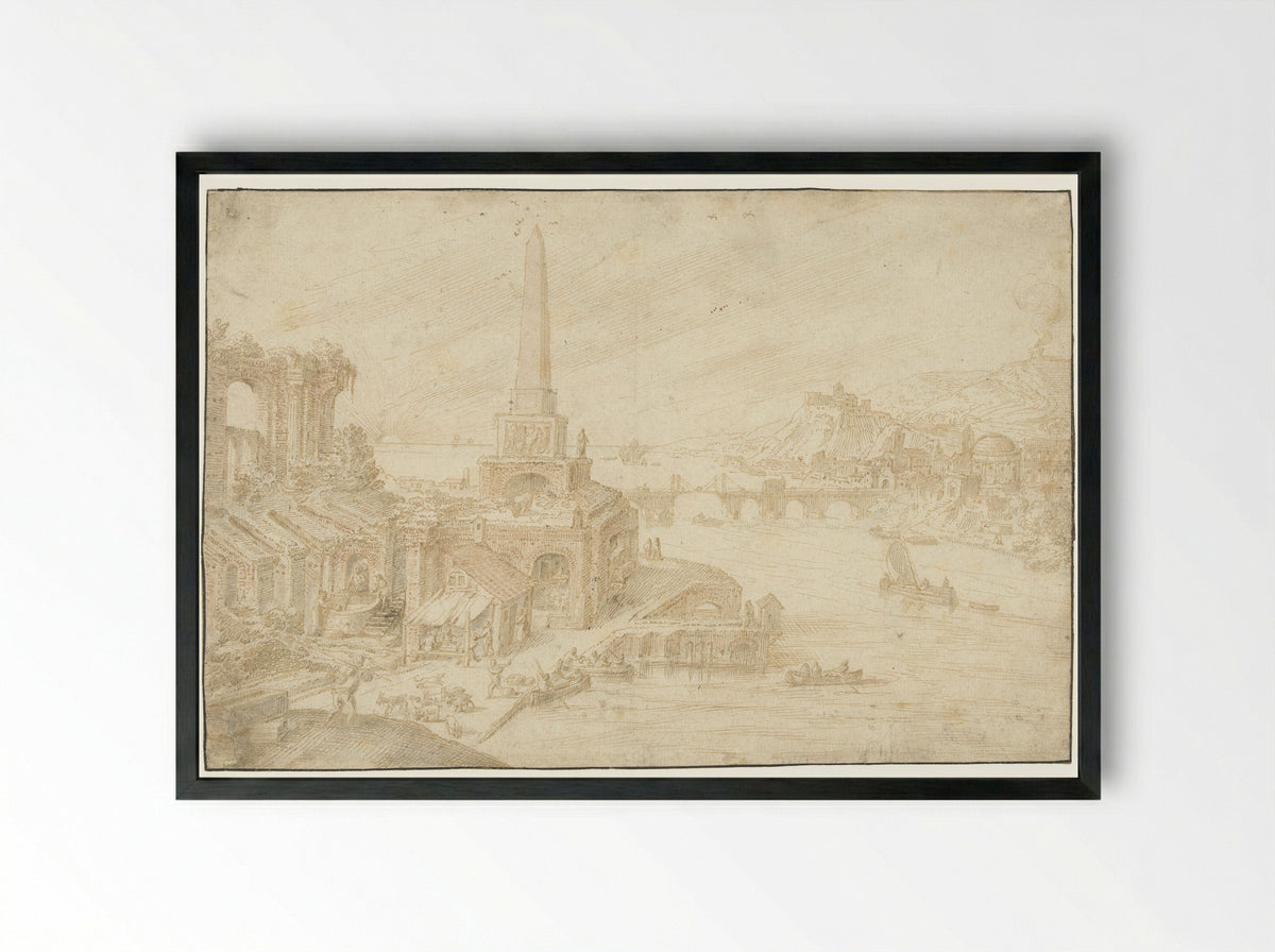 Obelisk Beside Ruins - Hendrick van Cleve III - Framed Print Black