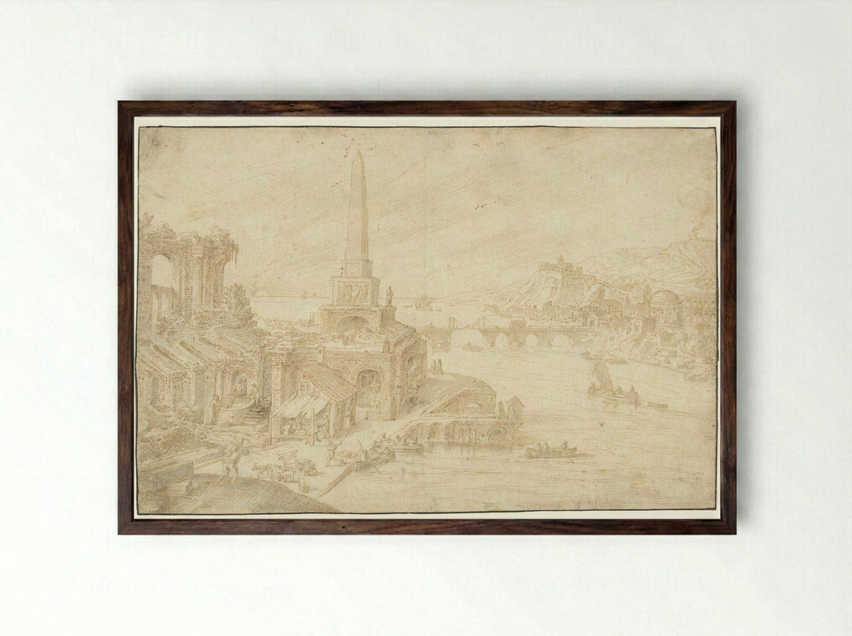 Obelisk Beside Ruins - Hendrick van Cleve III - Framed Print Dark Wood