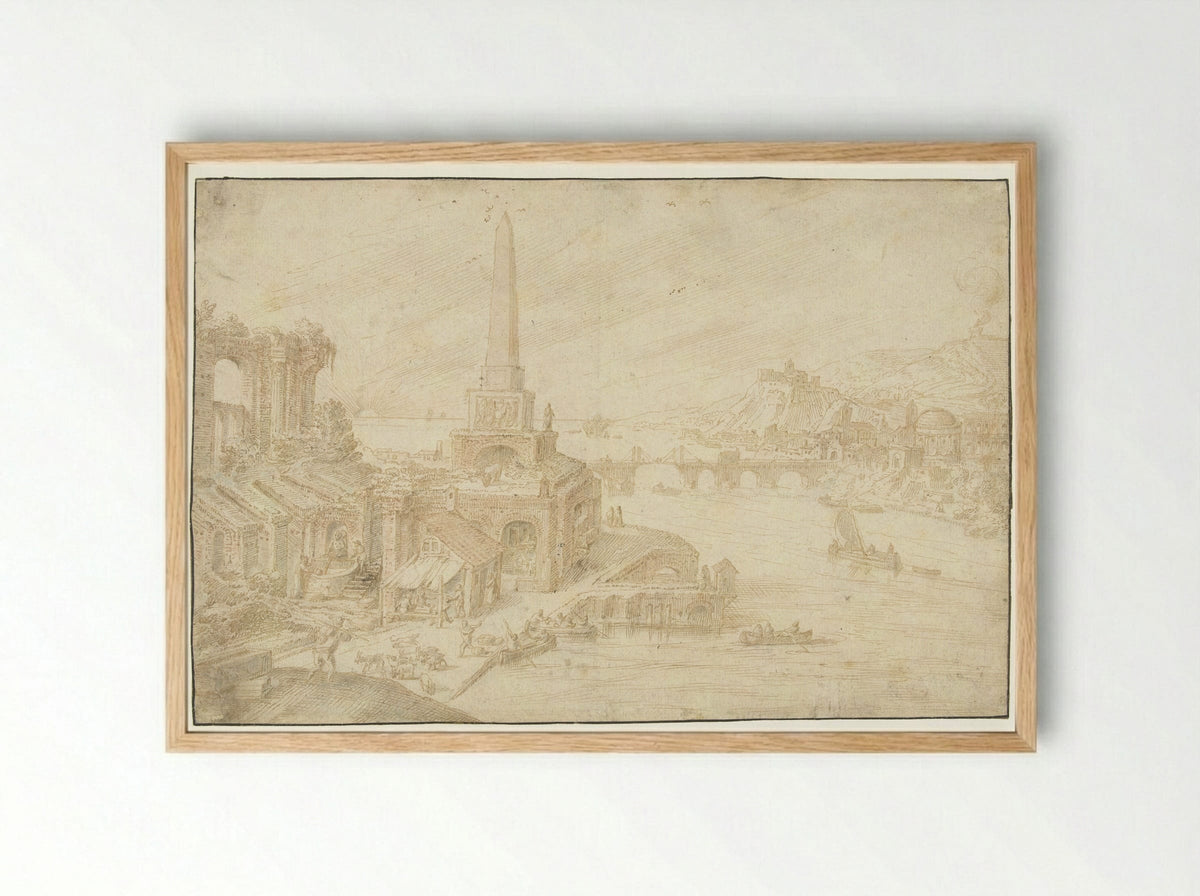 Obelisk Beside Ruins - Hendrick van Cleve III - Framed Print Wood