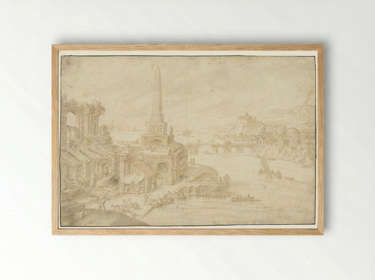 Obelisk Beside Ruins - Hendrick van Cleve III - Framed Print Wood