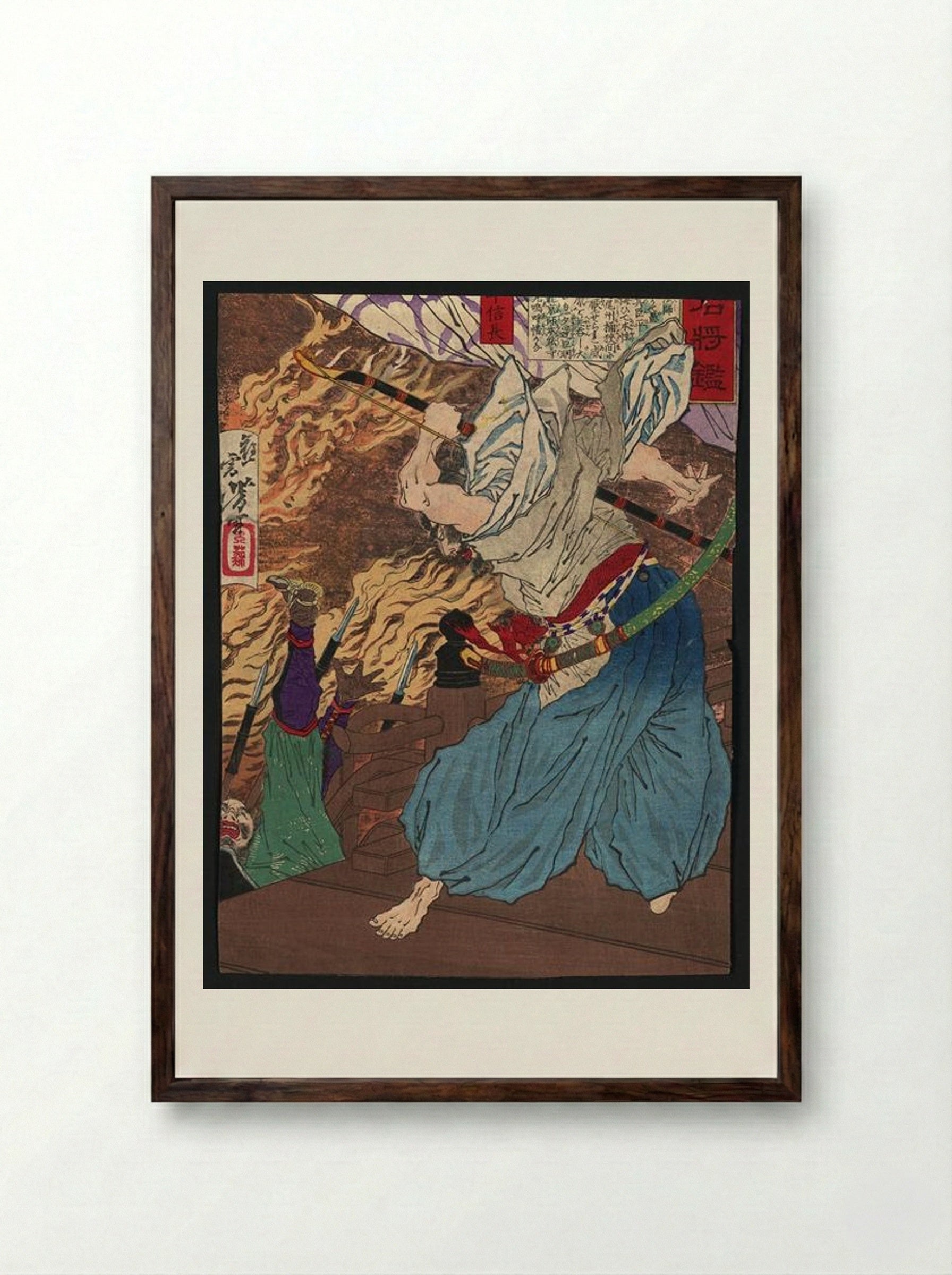 Oda Nobunaga at the Honno-ji Incident - Tsukioka Yoshitoshi - Framed Print Dark Wood
