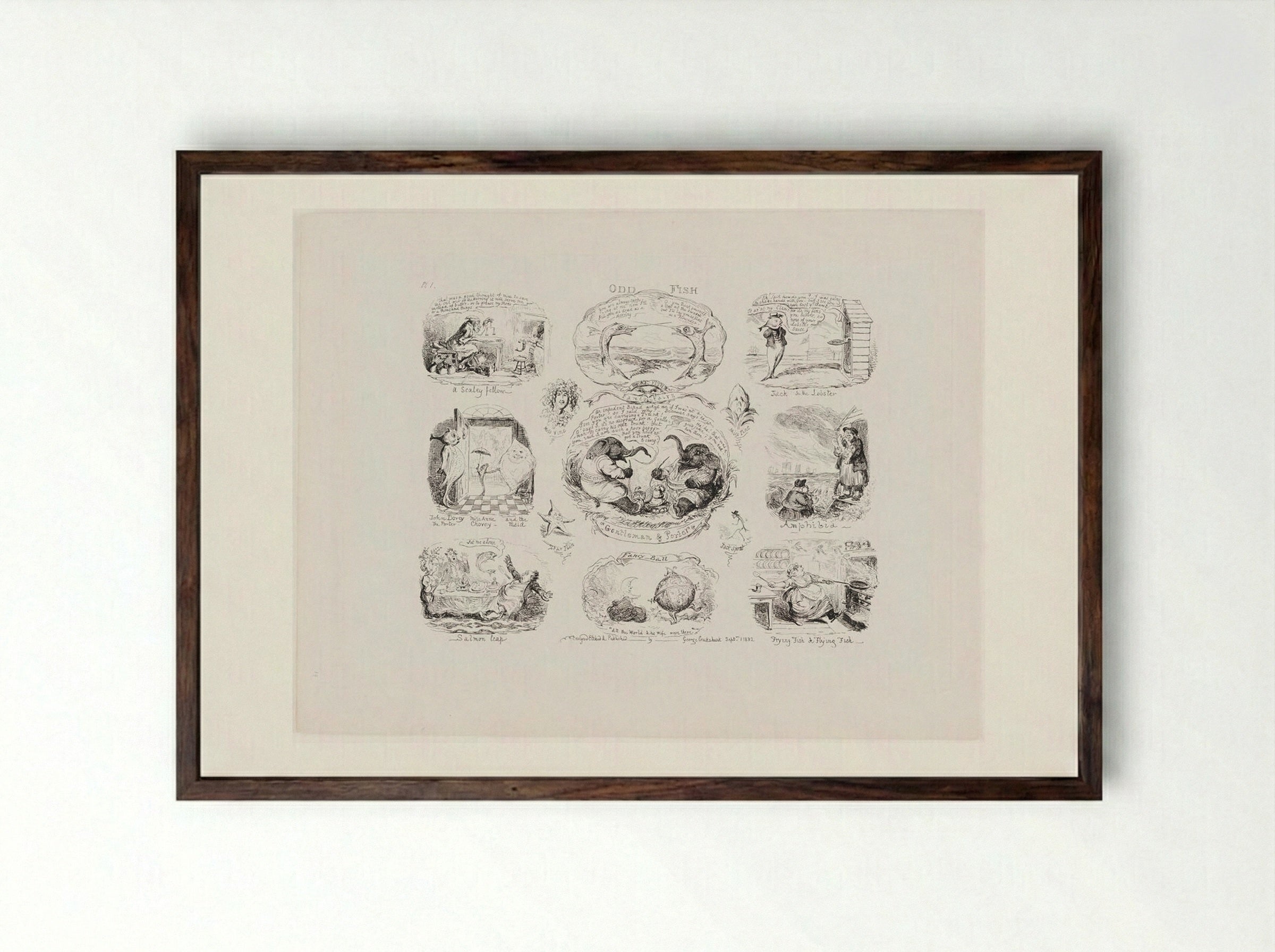 Odd Fish - George Cruikshank - Framed Print Dark Wood