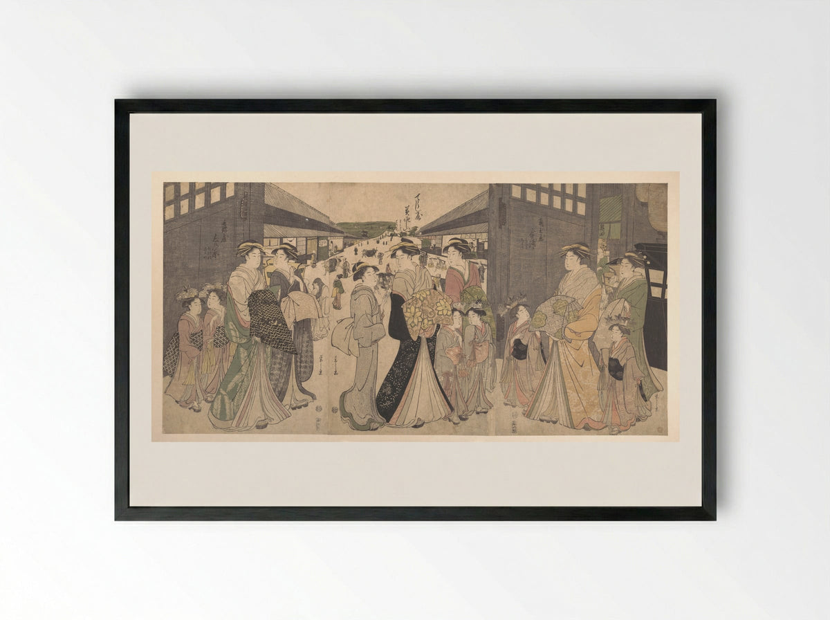 Oiran and Attendants at the Ō Mon or Great Gate of the Yoshiwara - Chōbunsai Eishi - Framed Print Black
