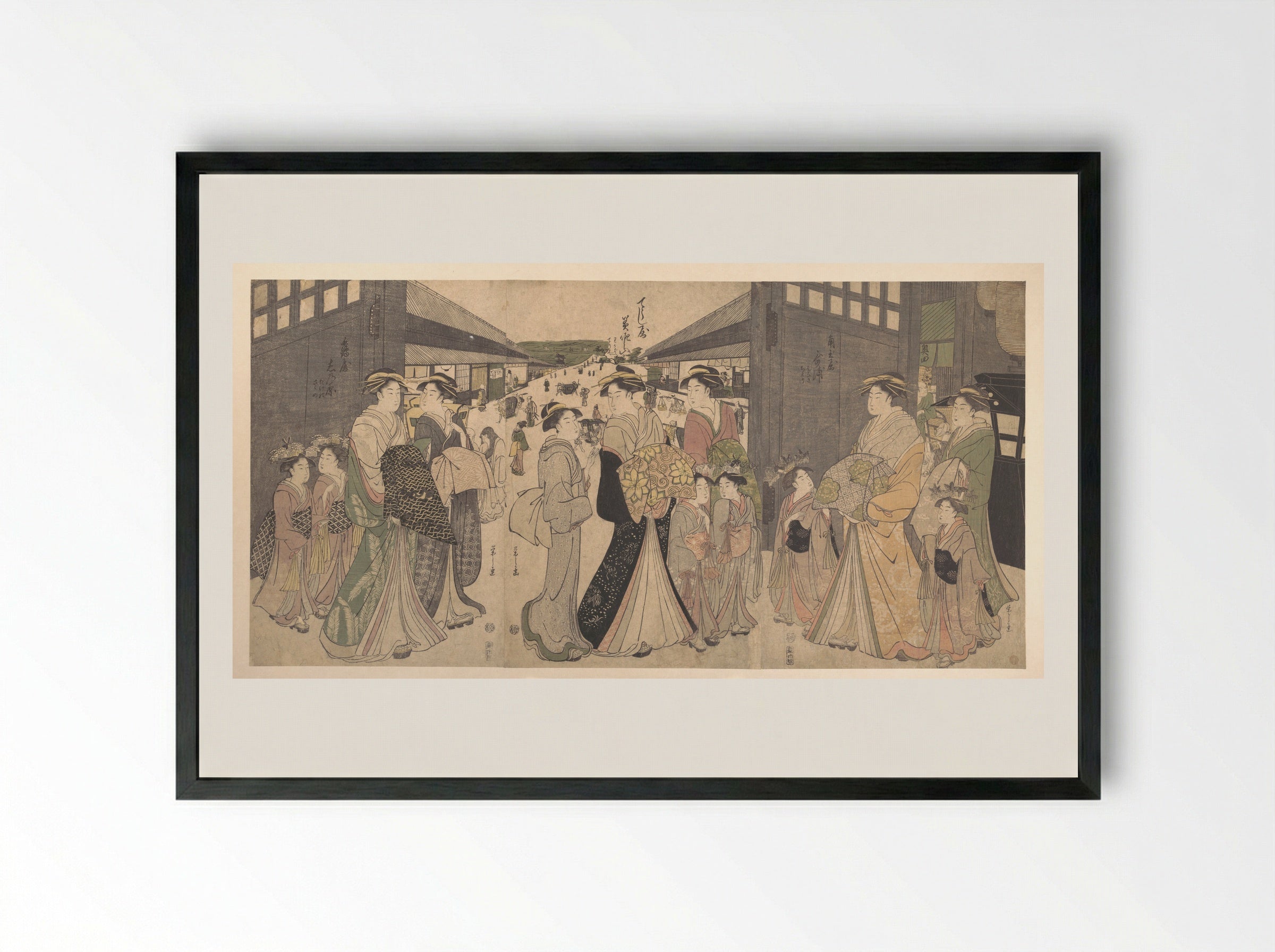 Oiran and Attendants at the Ō Mon or Great Gate of the Yoshiwara - Chōbunsai Eishi - Framed Print Black