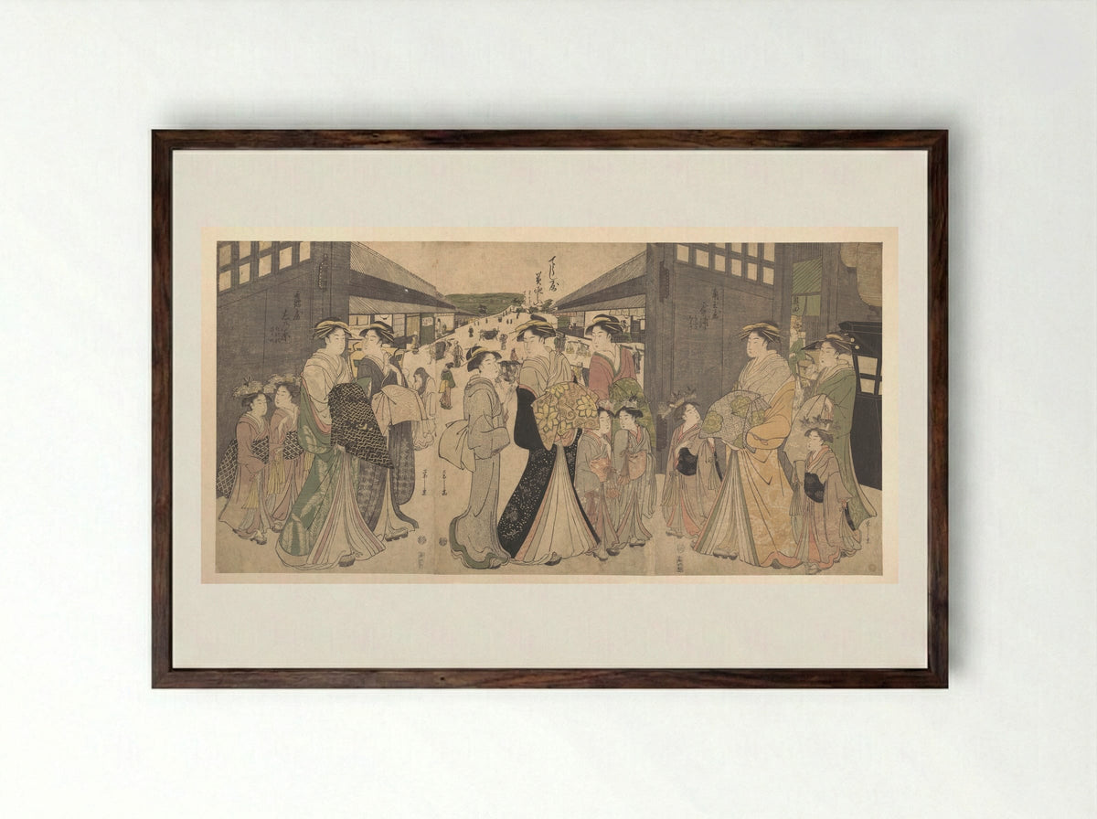 Oiran and Attendants at the Ō Mon or Great Gate of the Yoshiwara - Chōbunsai Eishi - Framed Print Dark Wood