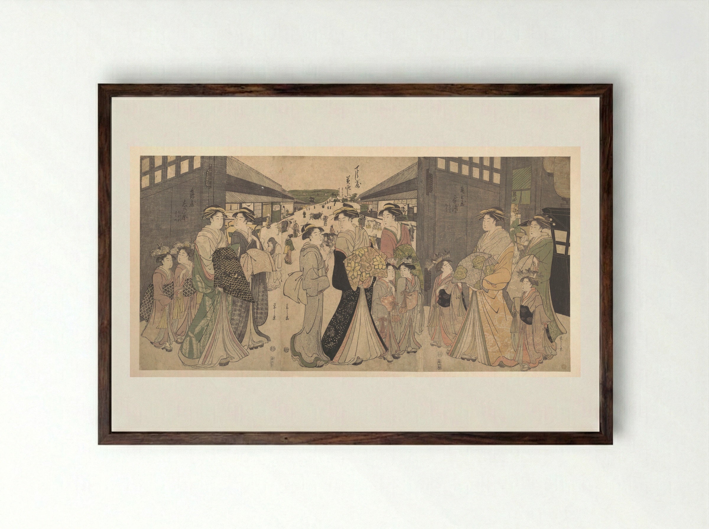 Oiran and Attendants at the Ō Mon or Great Gate of the Yoshiwara - Chōbunsai Eishi - Framed Print Dark Wood