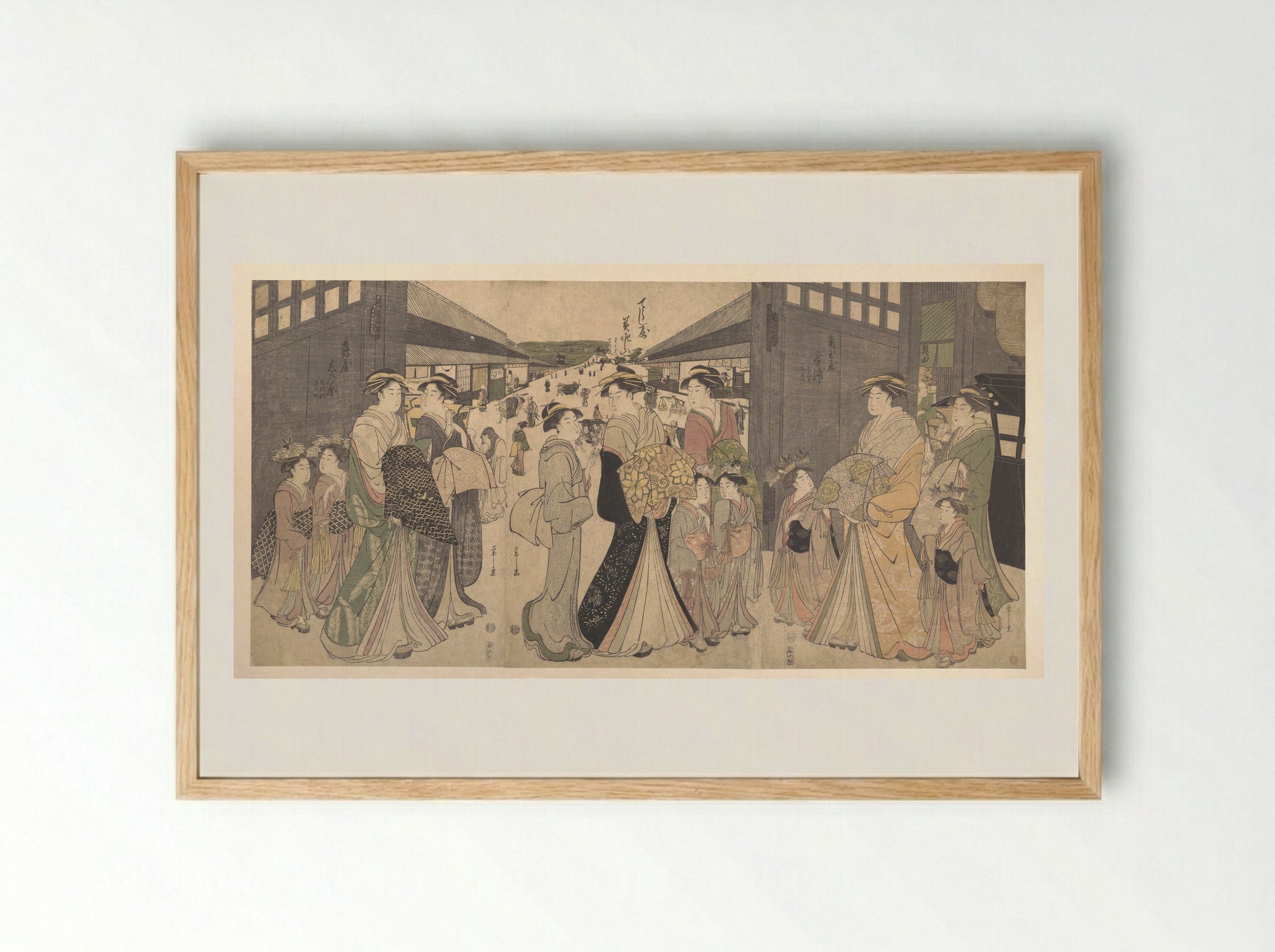 Oiran and Attendants at the Ō Mon or Great Gate of the Yoshiwara - Chōbunsai Eishi - Framed Print Wood