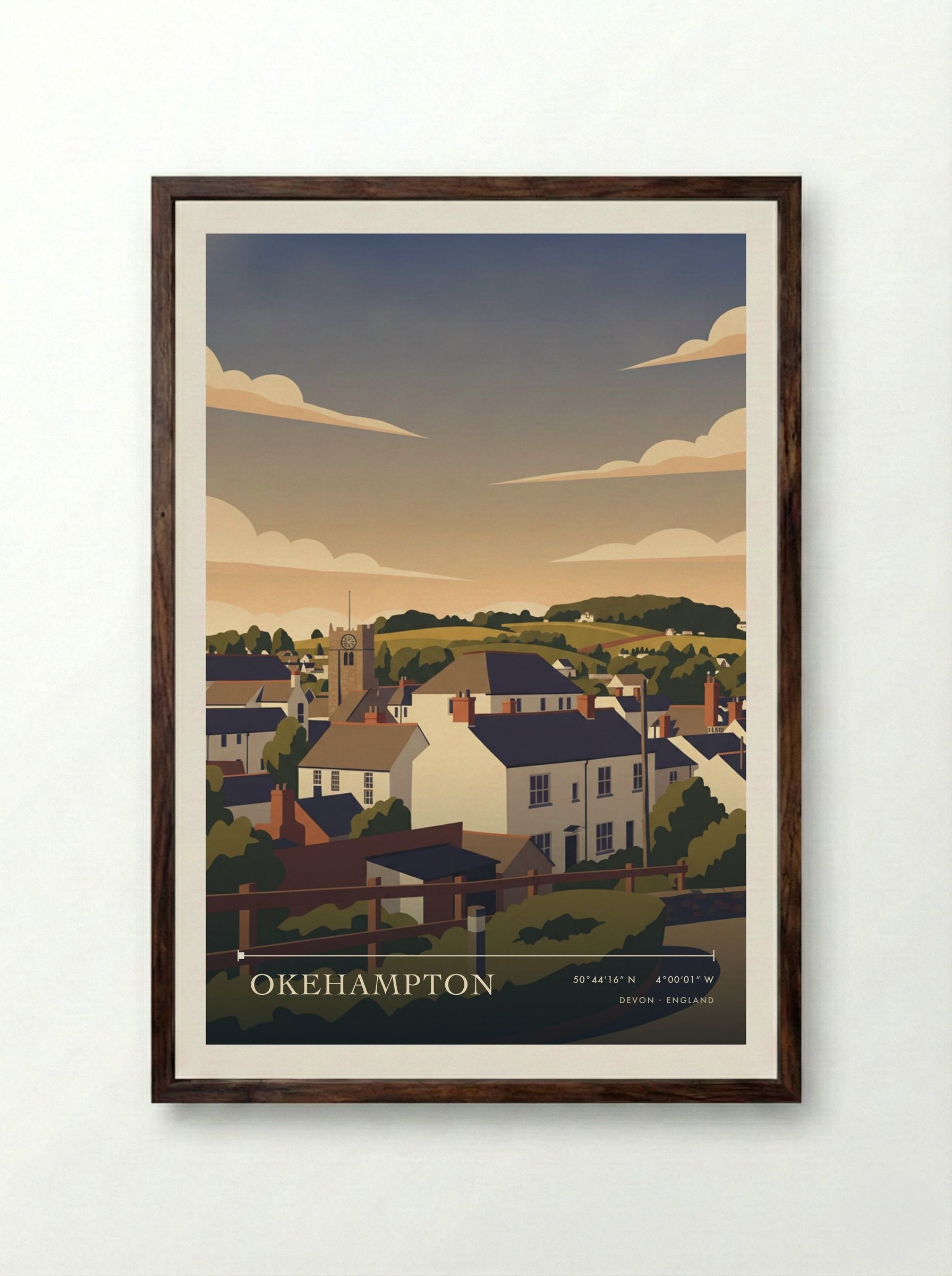 Okehampton Devon England Travel Poster - Framed Print Dark Wood