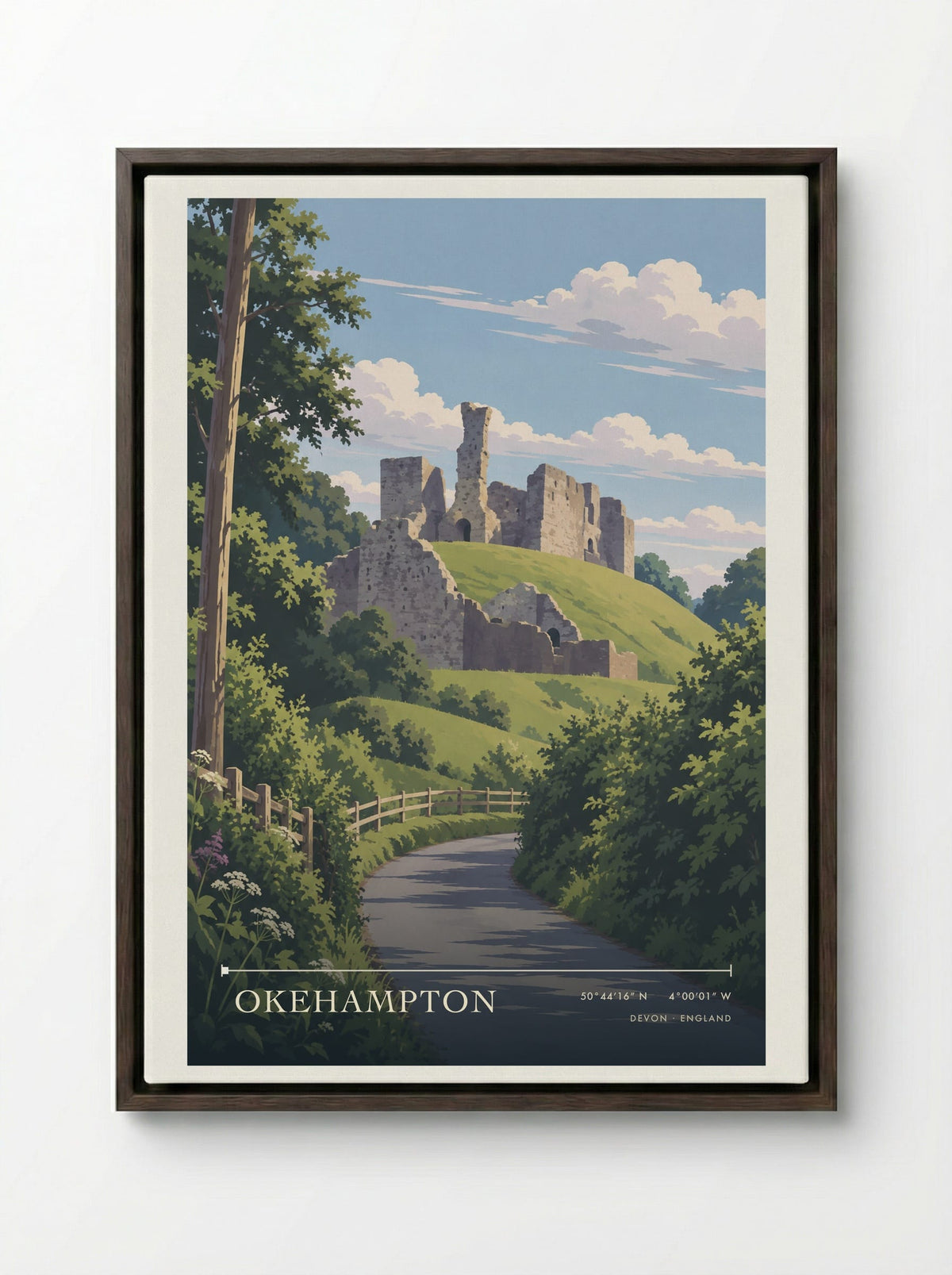 Okehampton Devon | Travel Poster - Framed Canvas Dark Wood