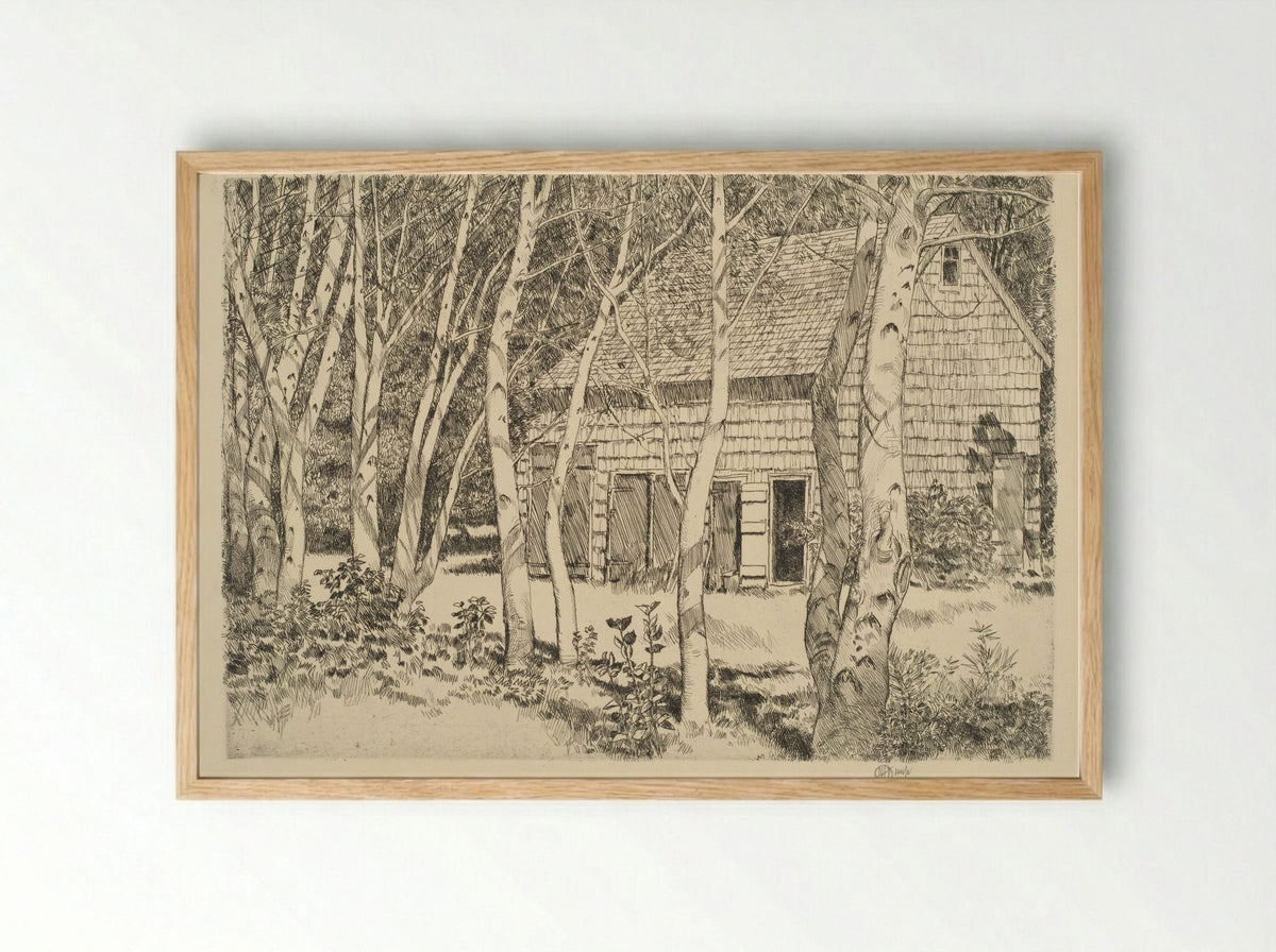 Old Barn and Birches - Childe Hassam - Framed Print Wood