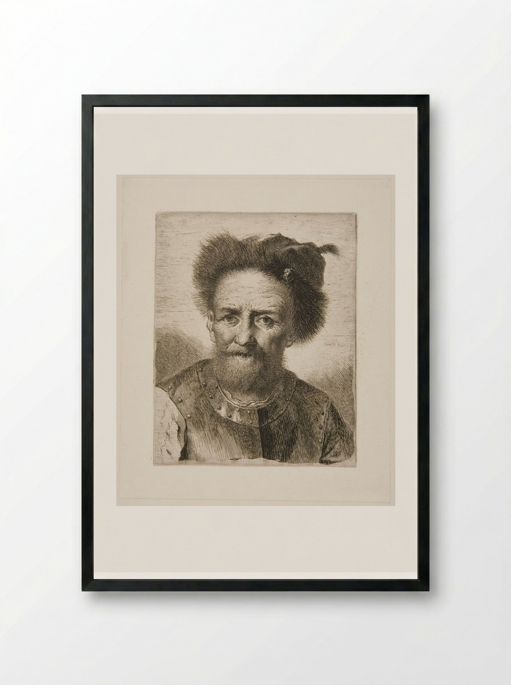Old Bearded Man with Fur Cap and Breastplate - Georg Friedrich Schmidt - Framed Print Black