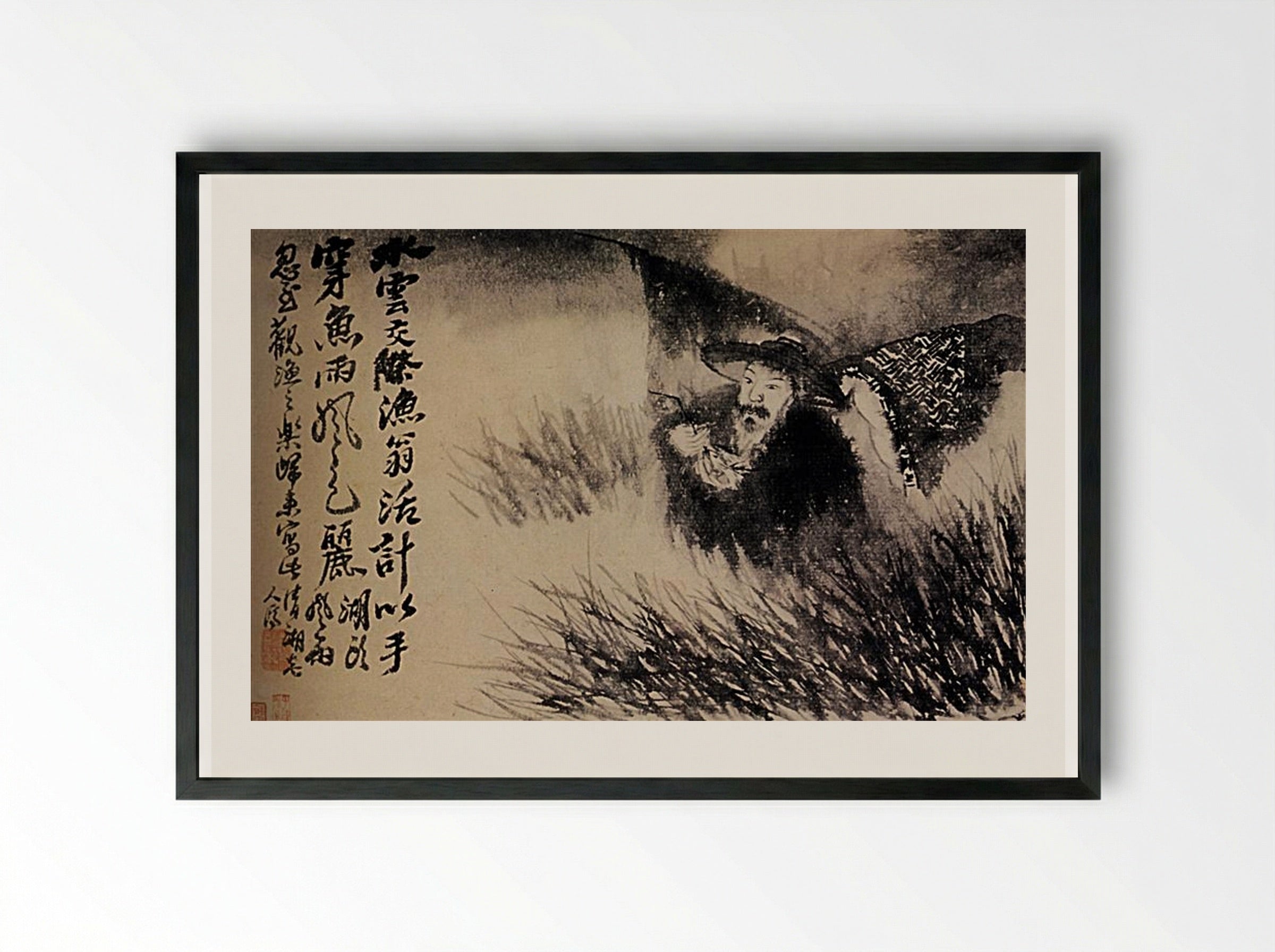 Old Fisherman in the Reeds - Shitao - Framed Print Black