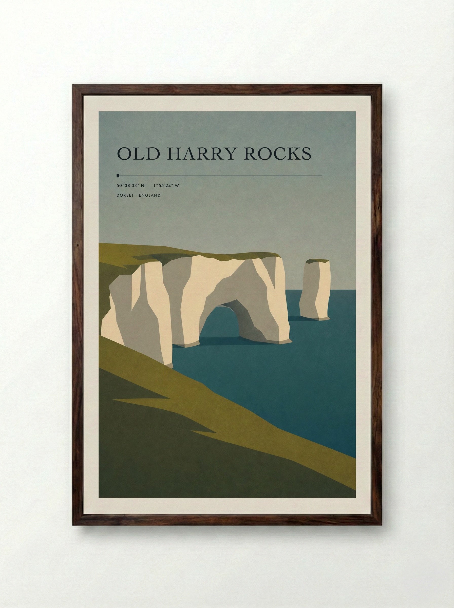 Old Harry Rocks Dorset Travel Poster - Framed Print Dark Wood