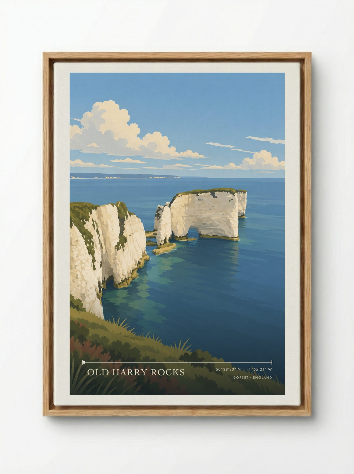 Old Harry Rocks, Dorset | Travel Poster - Framed Canvas Wood