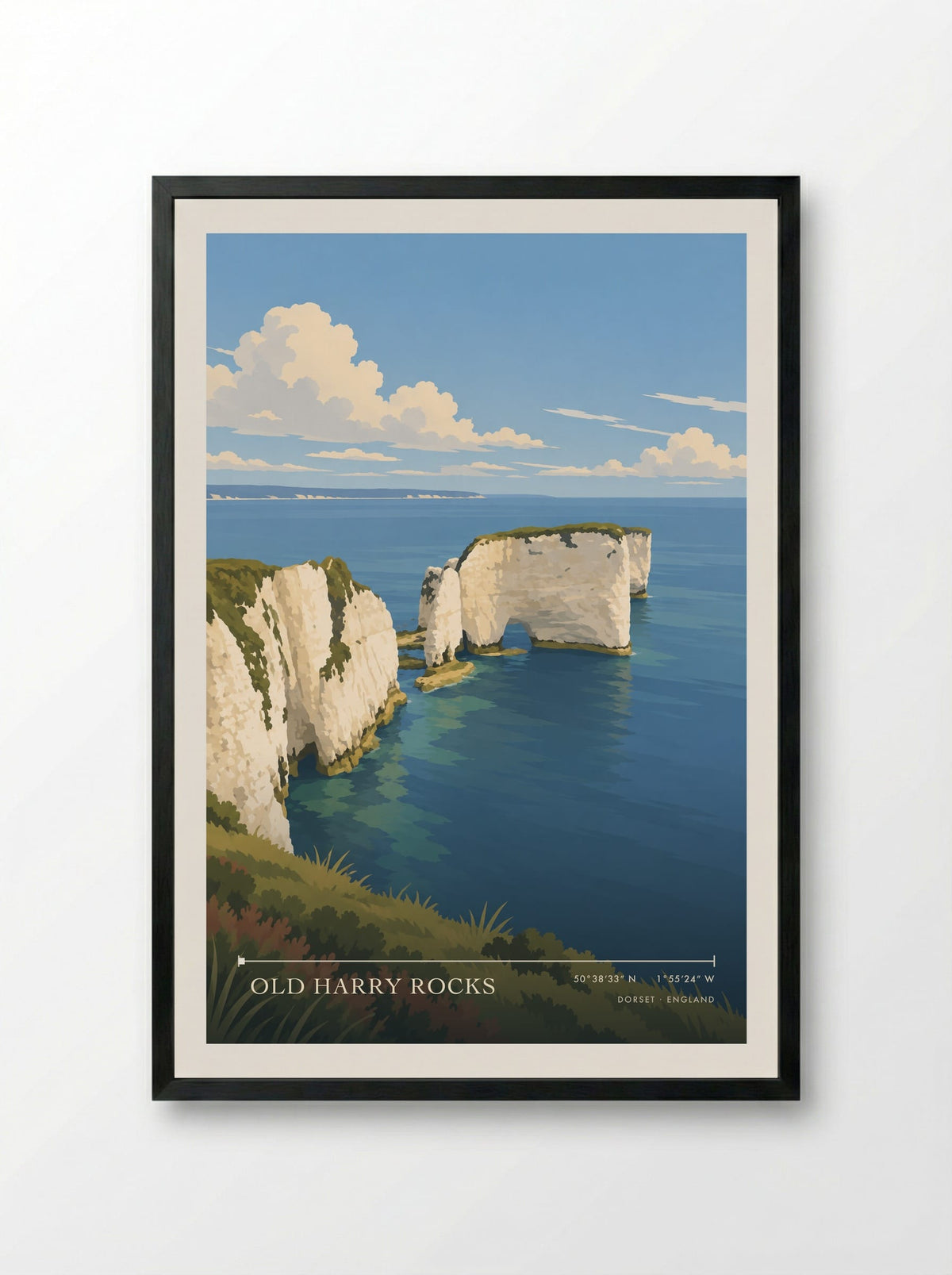 Old Harry Rocks, Dorset | Travel Poster - Framed Print Black