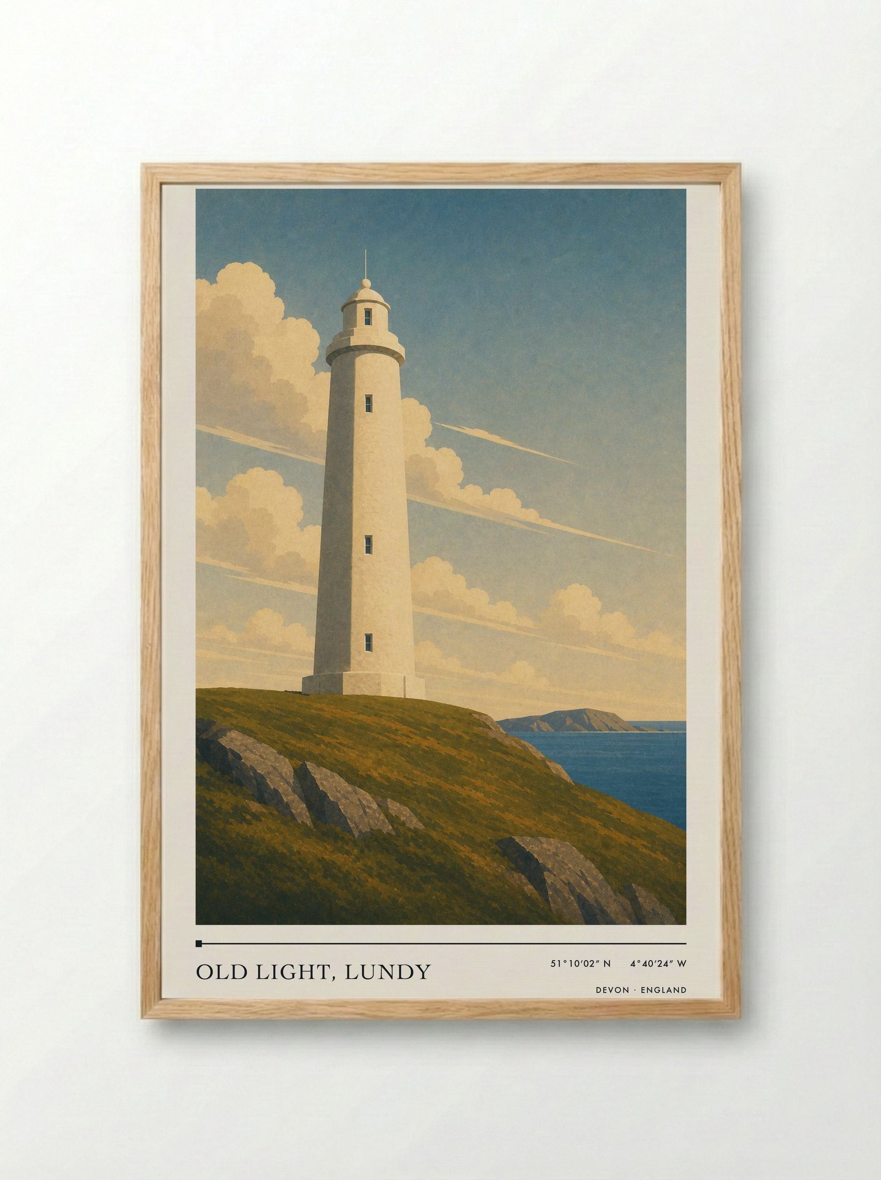 Old Light, Lundy Devon England Travel Poster - Framed Print Wood