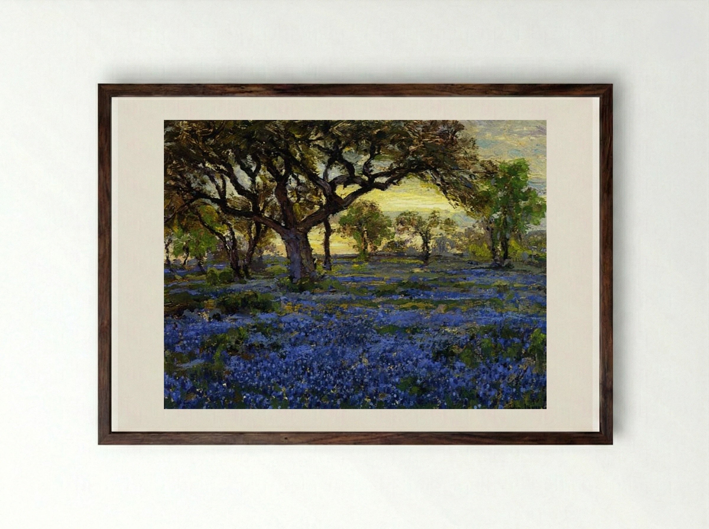 Old Live Oak Tree and Bluebonnets on the West Texas Military Grounds, San Antonio - Robert Julian Onderdonk - Framed Print Dark Wood