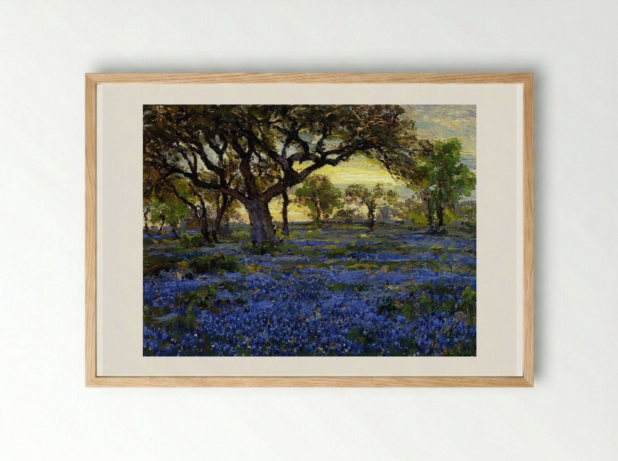 Old Live Oak Tree and Bluebonnets on the West Texas Military Grounds, San Antonio - Robert Julian Onderdonk - Framed Print Wood