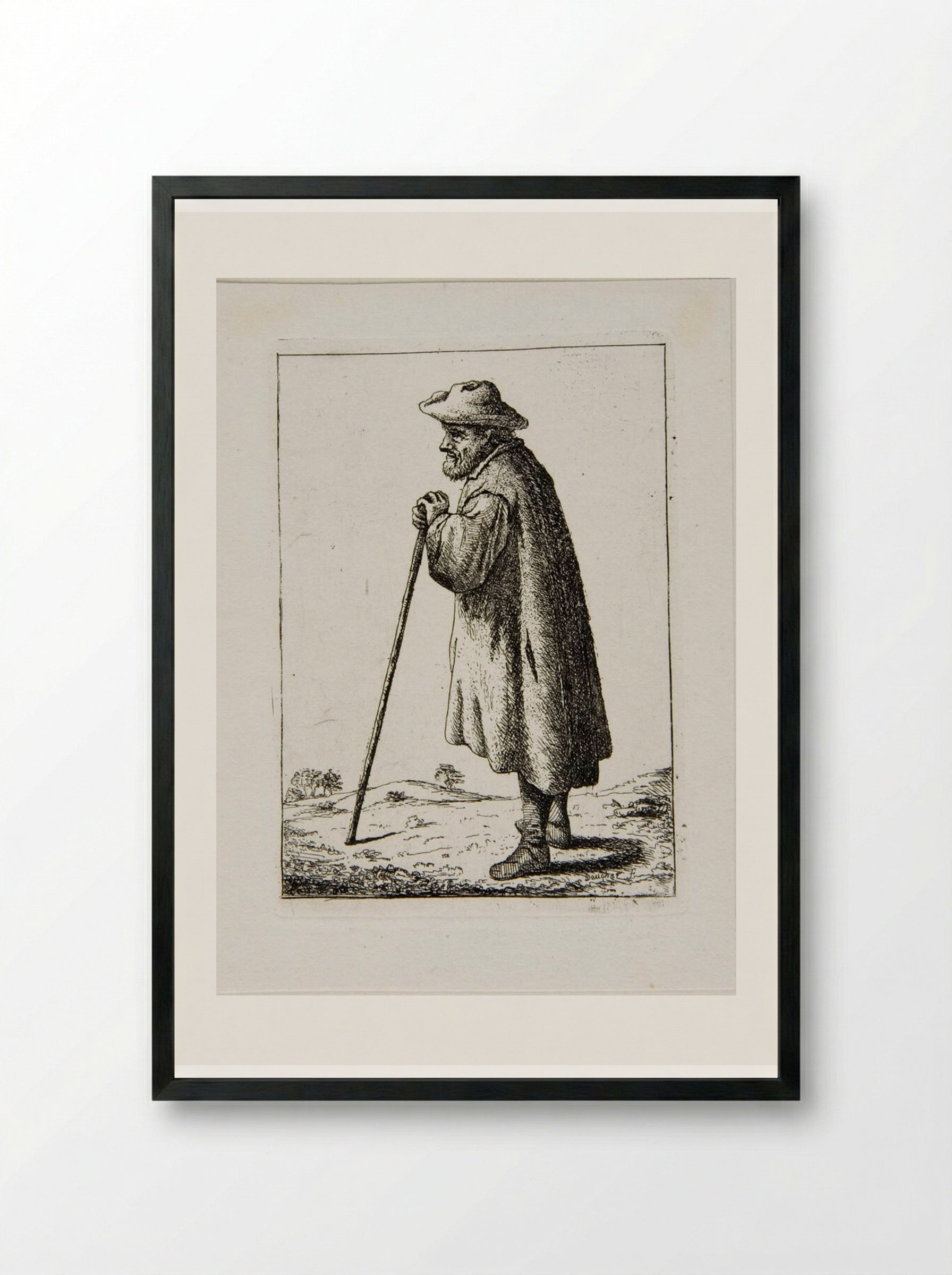 Old Man Standing Leaning on a Staff, profile left - David Deuchar - Framed Print Black