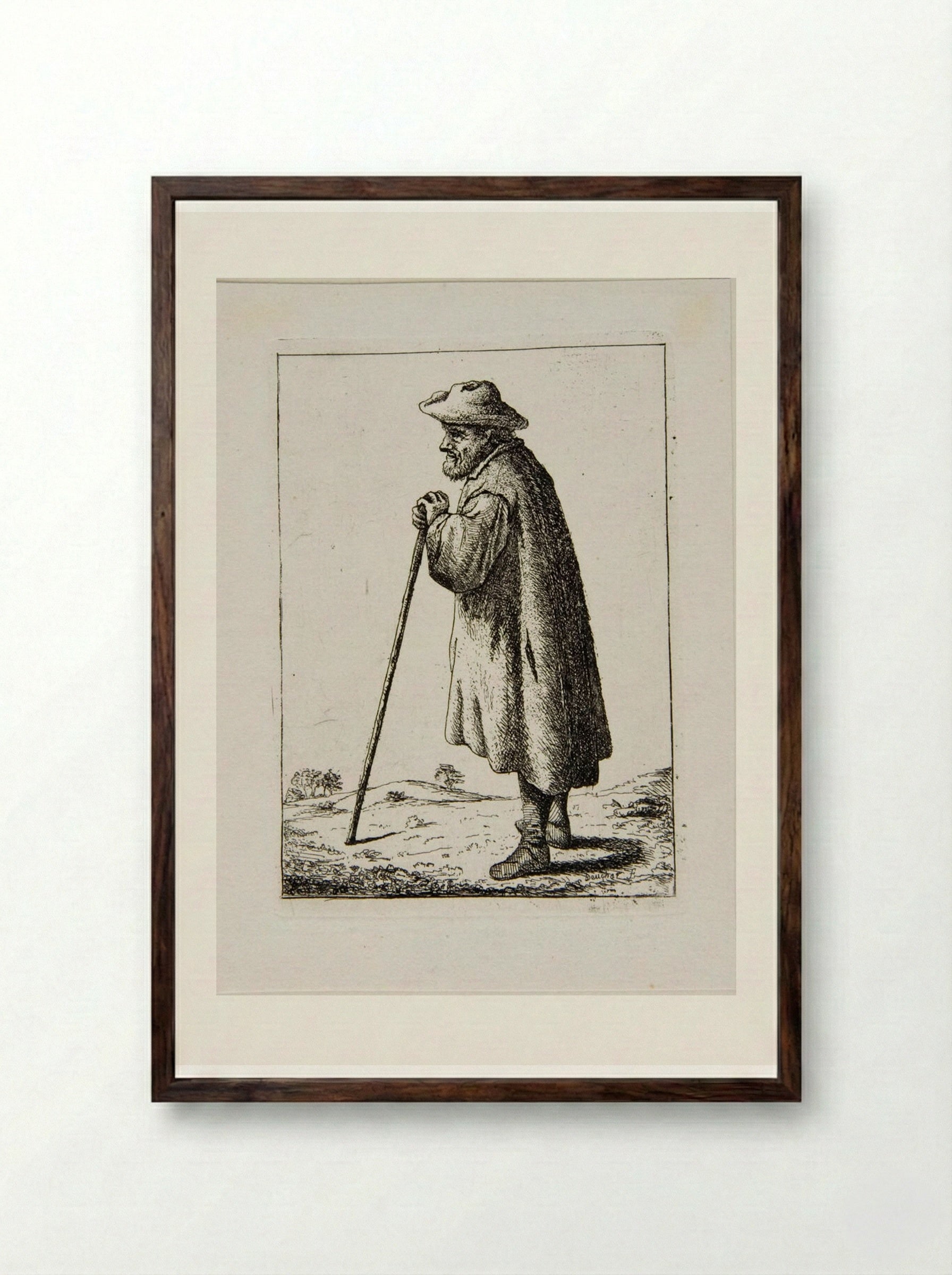 Old Man Standing Leaning on a Staff, profile left - David Deuchar - Framed Print Dark Wood
