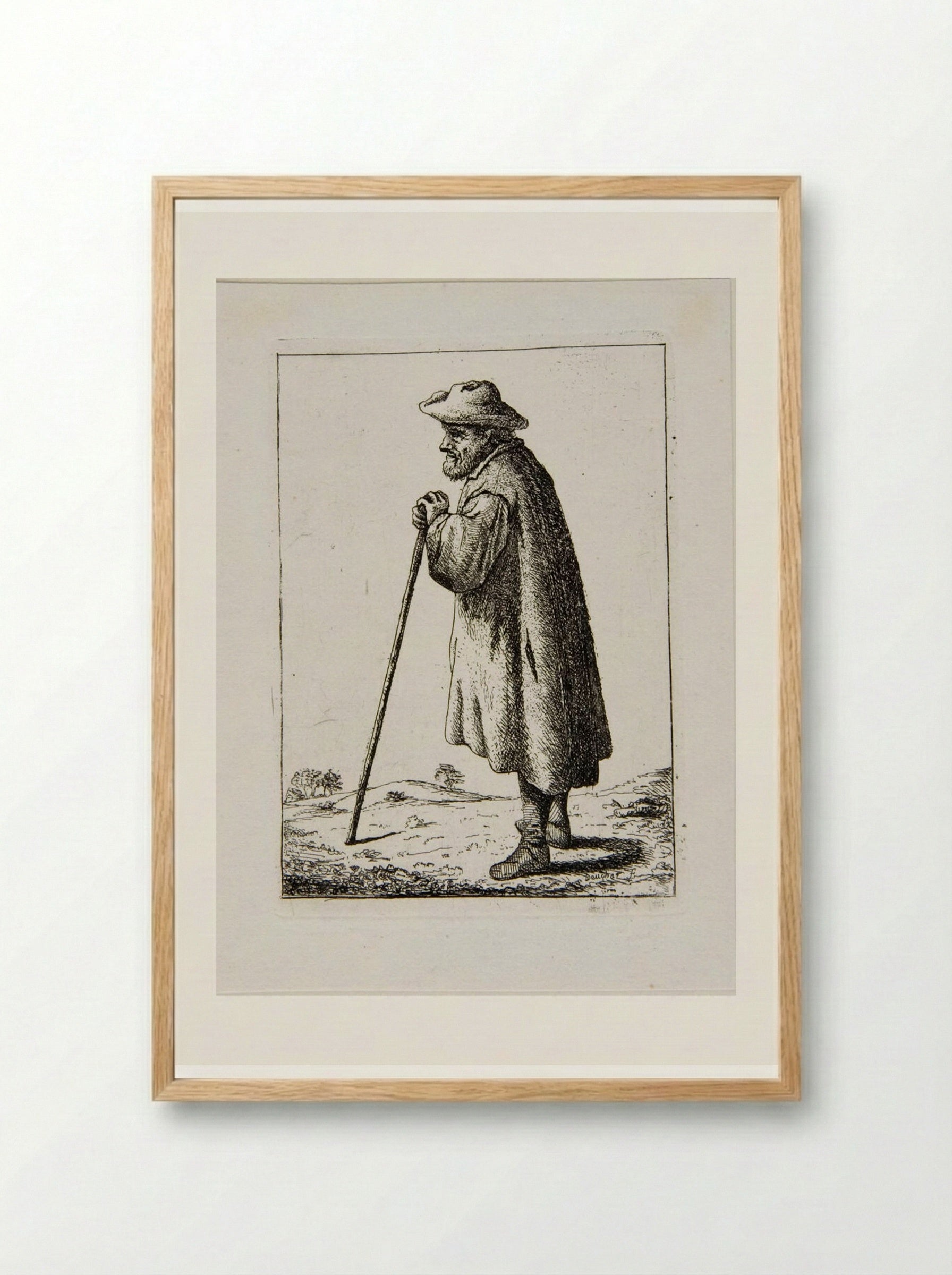 Old Man Standing Leaning on a Staff, profile left - David Deuchar - Framed Print Wood