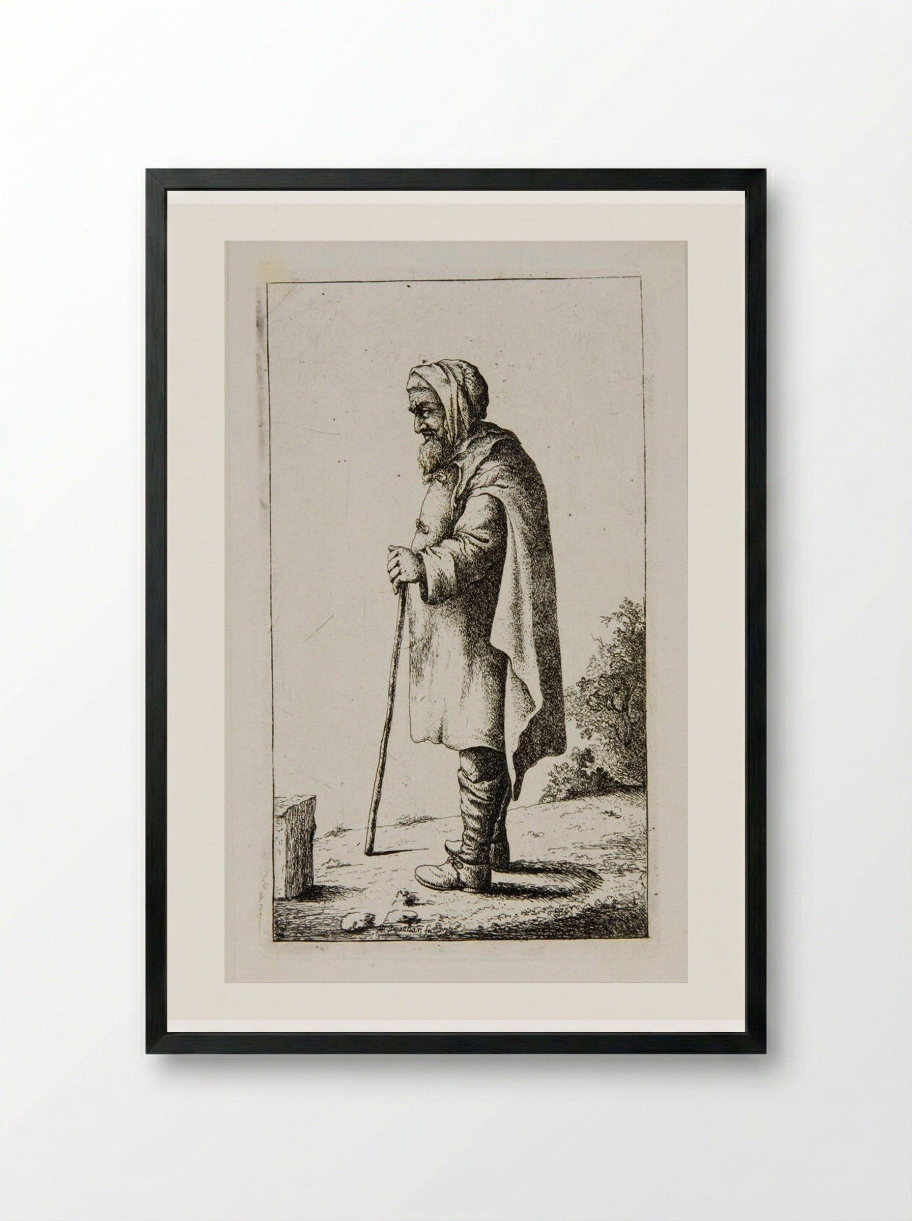 Old Man Standing, Leaning on a Stick, profile left - David Deuchar - Framed Print Black