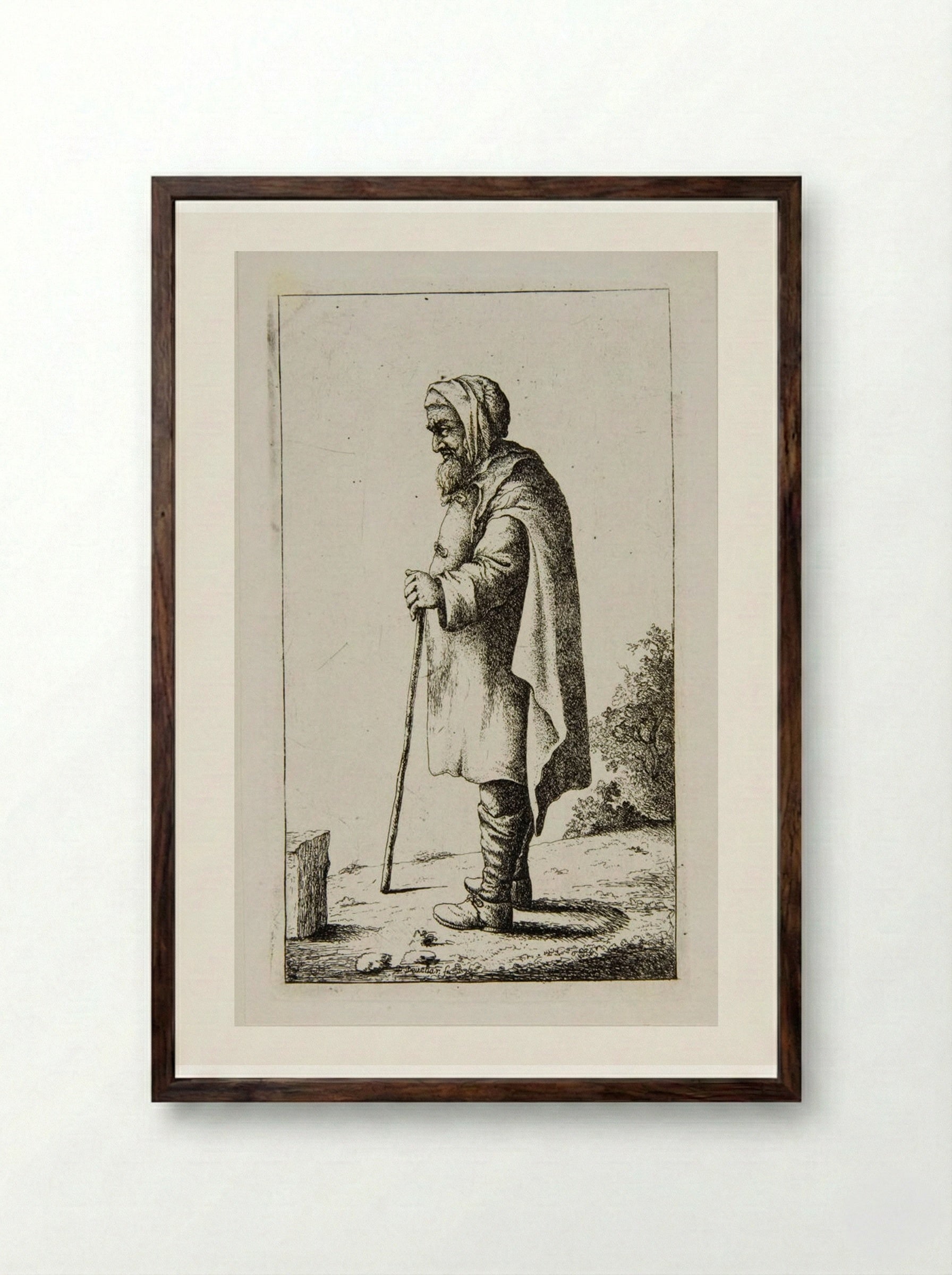 Old Man Standing, Leaning on a Stick, profile left - David Deuchar - Framed Print Dark Wood