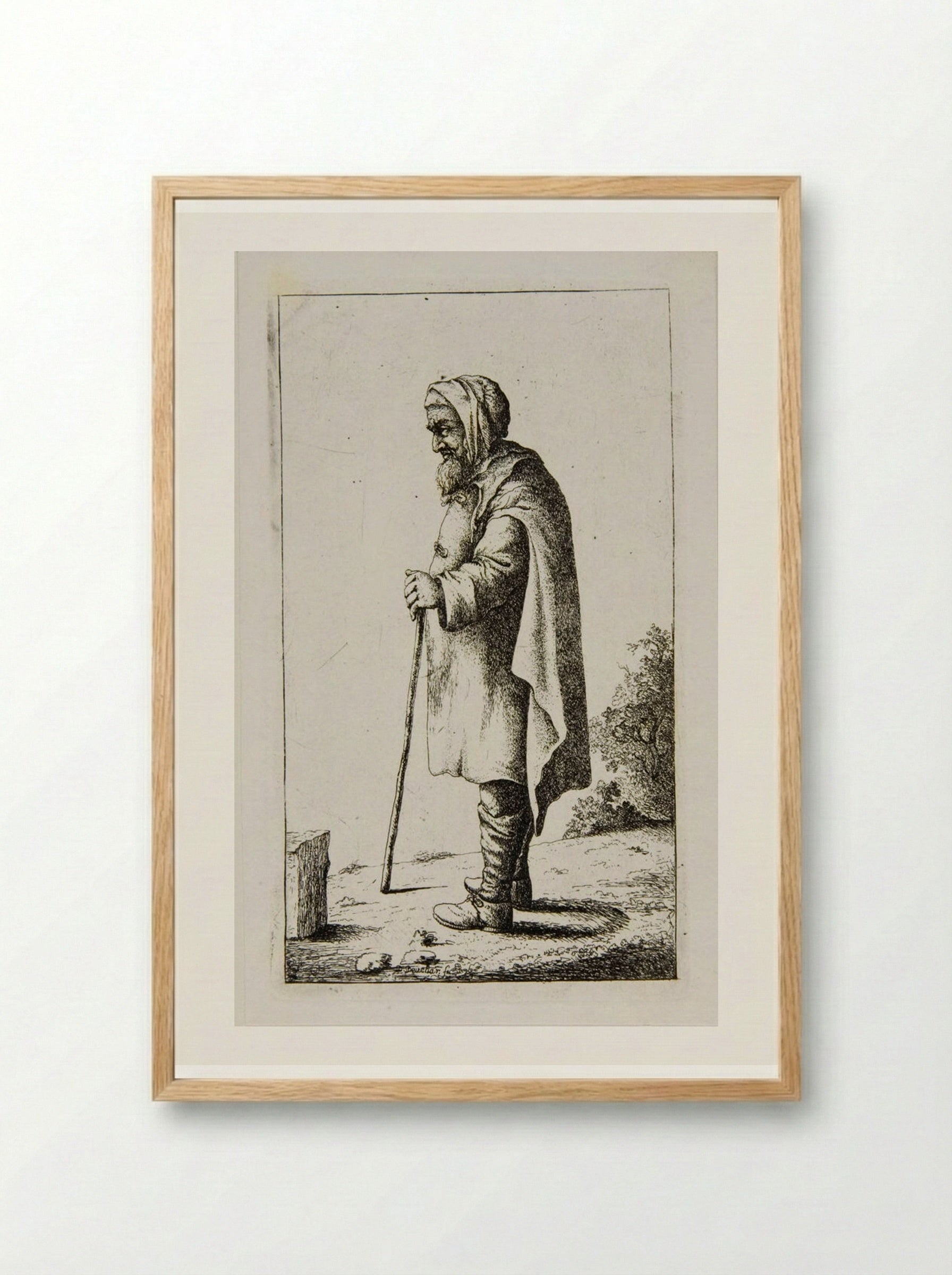 Old Man Standing, Leaning on a Stick, profile left - David Deuchar - Framed Print Wood