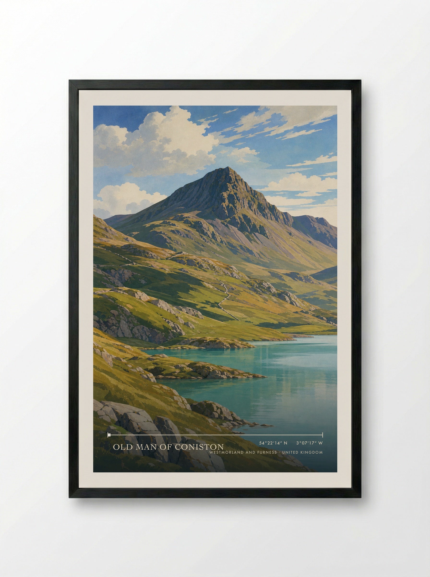Old Man of Coniston Westmorland and Furness United Kingdom Travel Poster - Framed Print Black