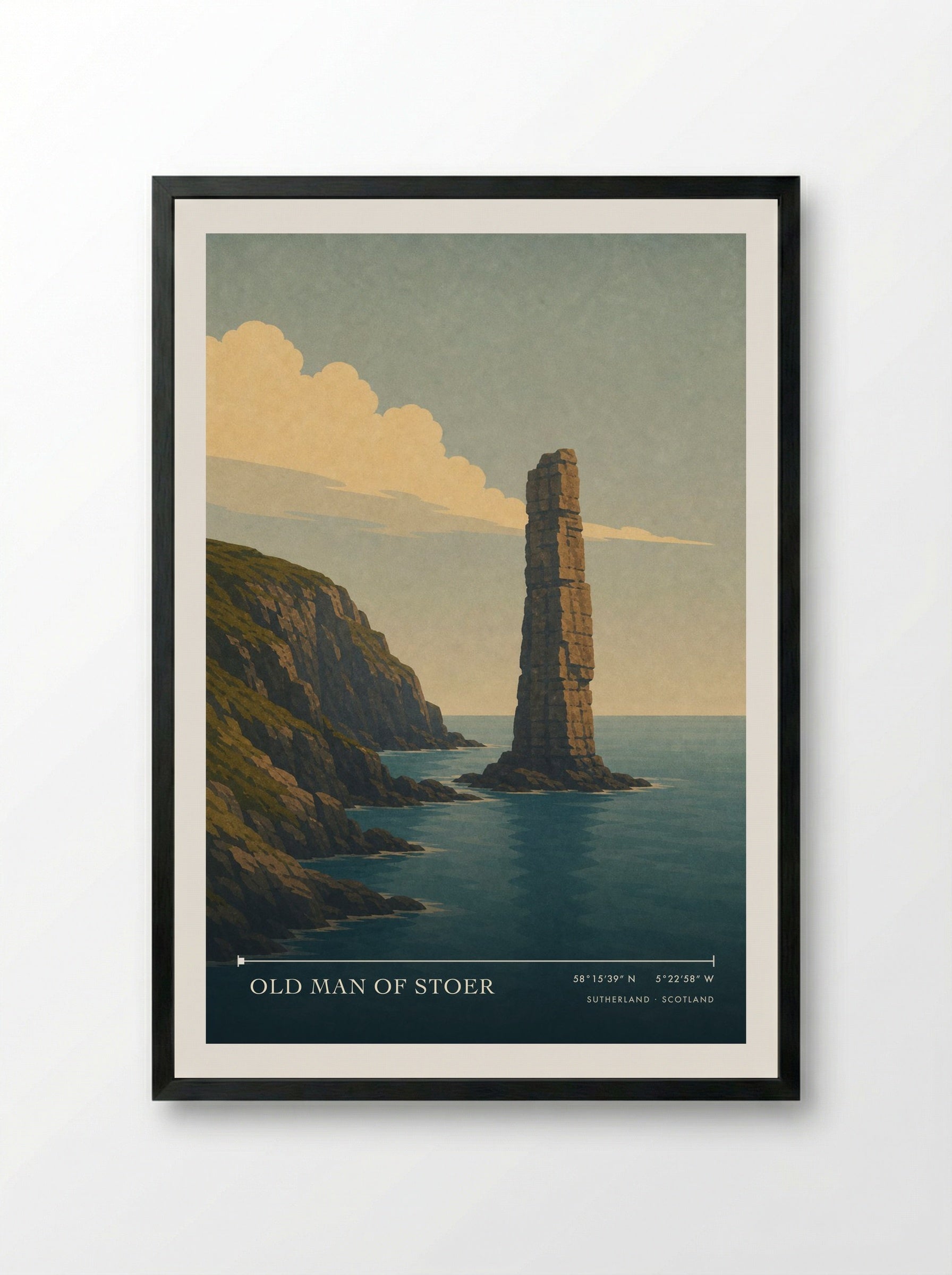 Old Man of Stoer Travel Poster Artwork - Framed Print Black