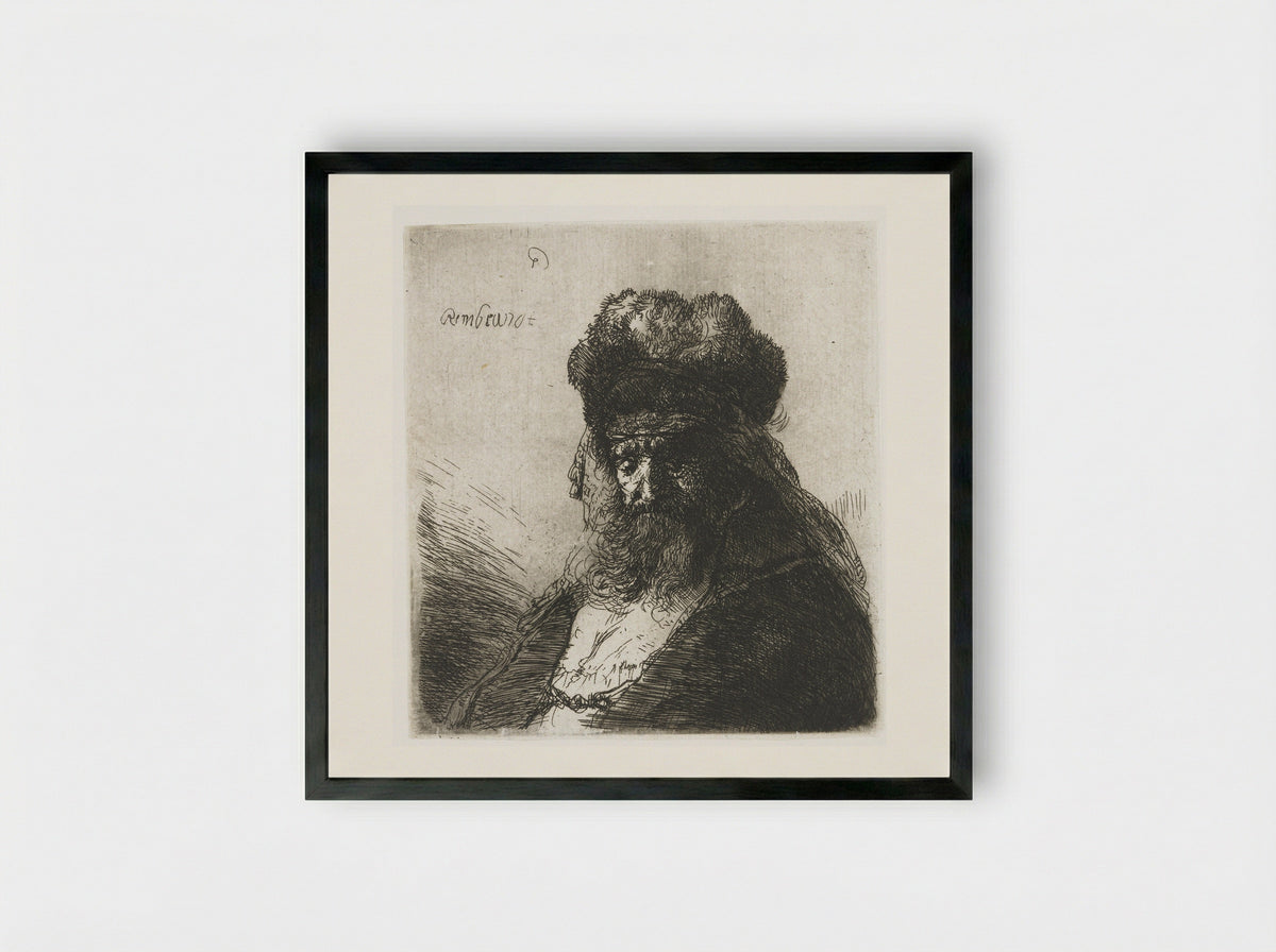 Old Man with a Fur Cap - Rembrandt van Rijn - Framed Print Black