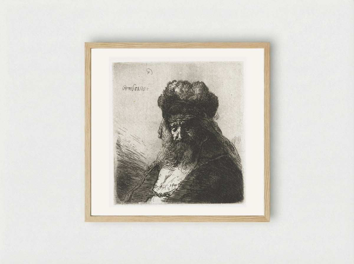 Old Man with a Fur Cap - Rembrandt van Rijn - Framed Print Wood
