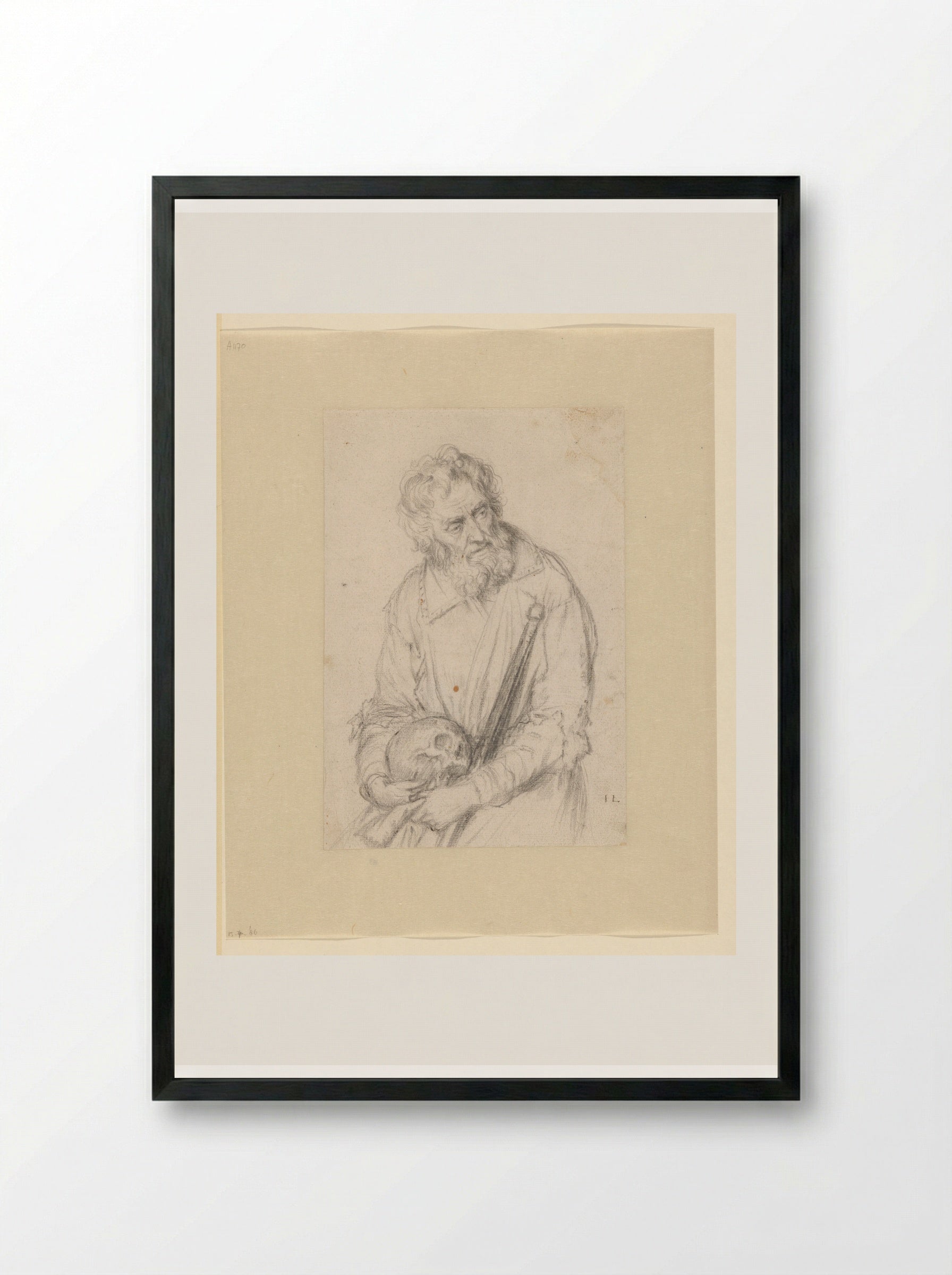 Old Man with a Skull and Staff - Jan Lievens - Framed Print Black