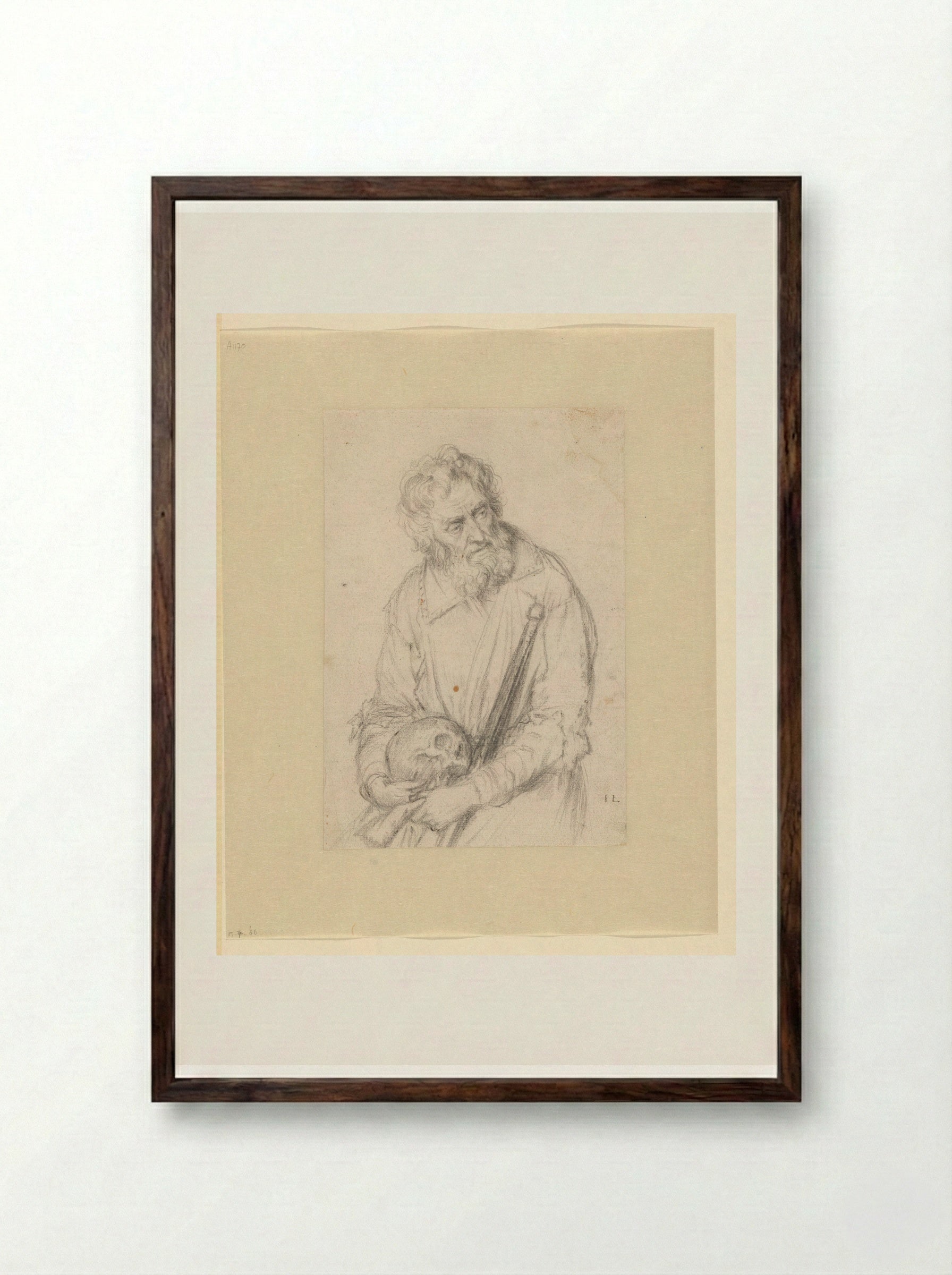 Old Man with a Skull and Staff - Jan Lievens - Framed Print Dark Wood