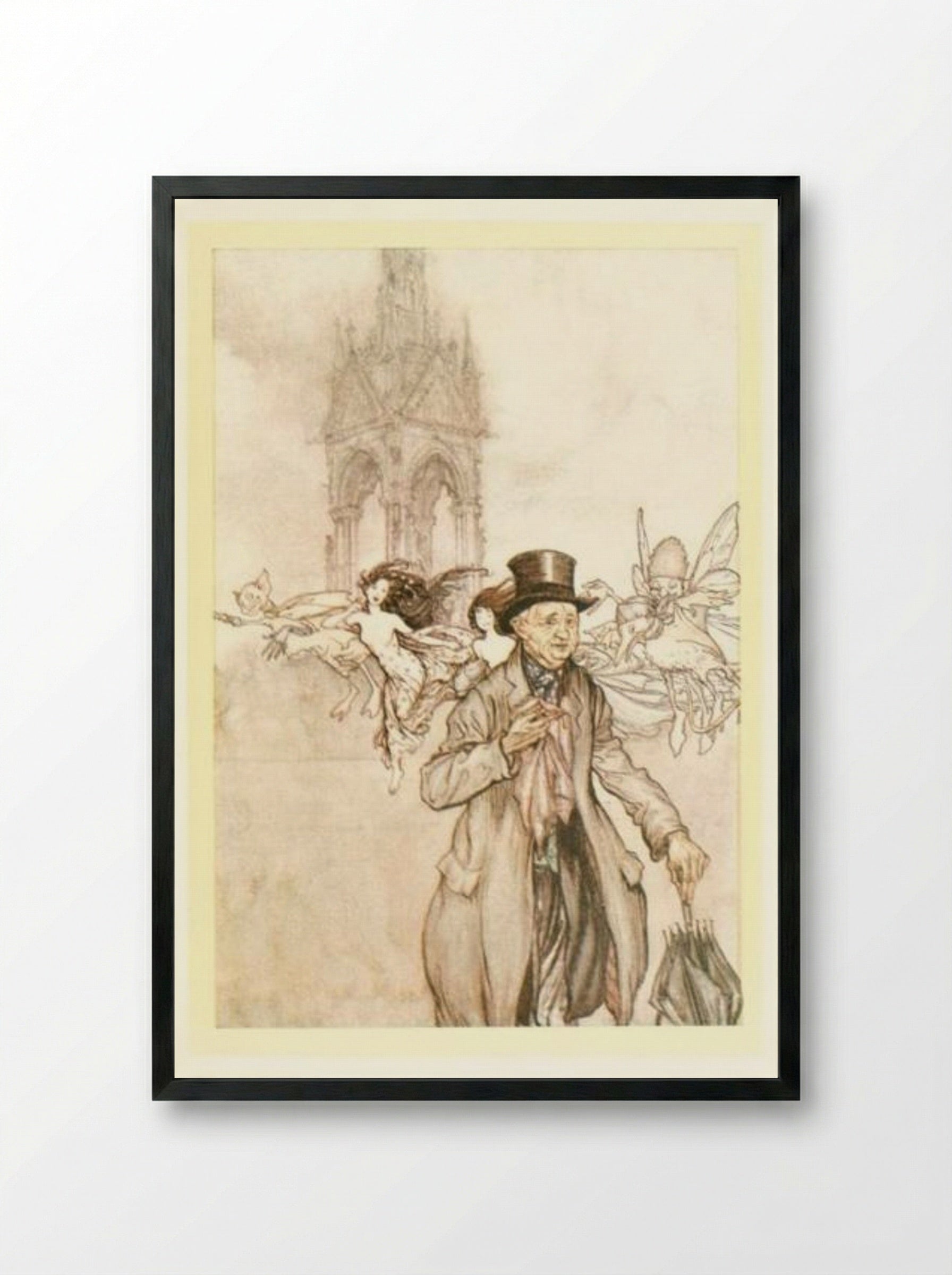 Old Mr. Salford was a crab-apple of an old gentleman who wandered all day in the Gardens - Arthur Rackham - Framed Print Black
