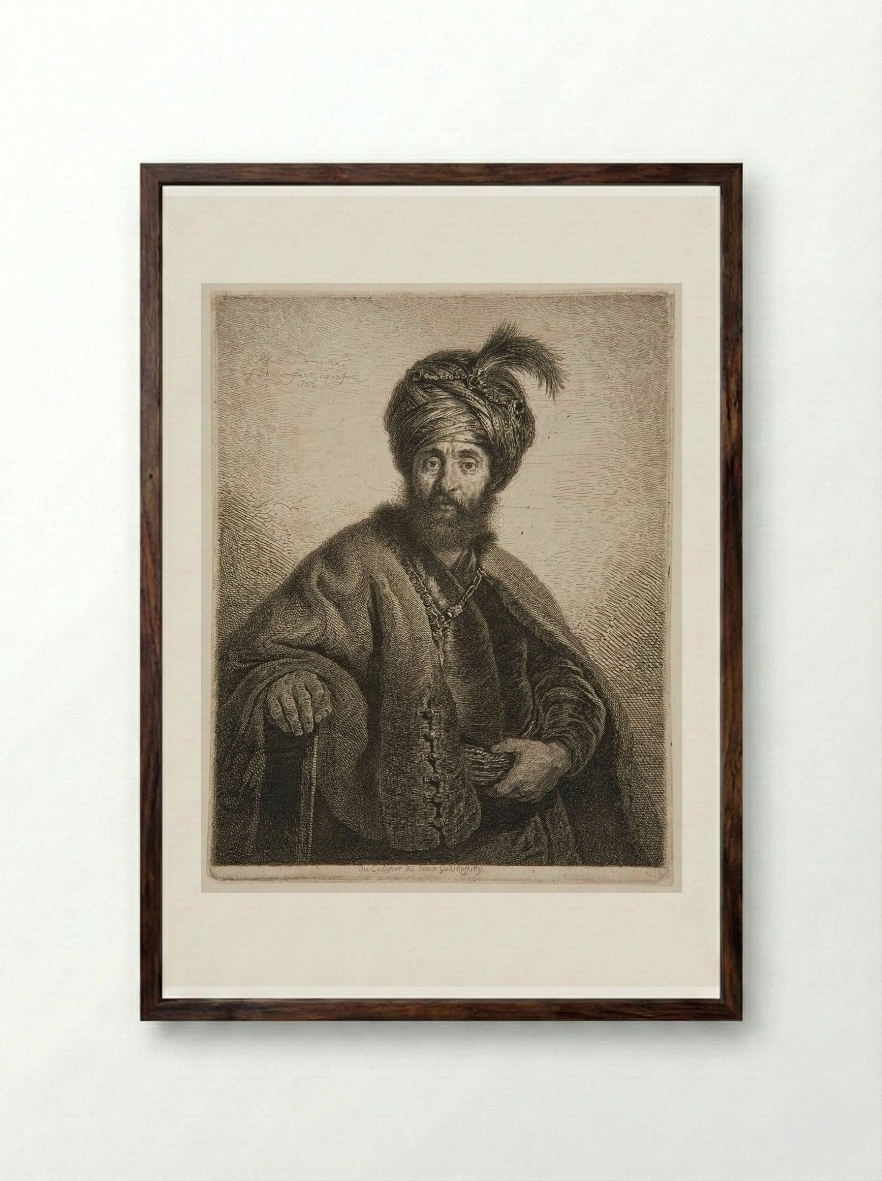 Old Persian with a Cane - Georg Friedrich Schmidt - Framed Print Dark Wood