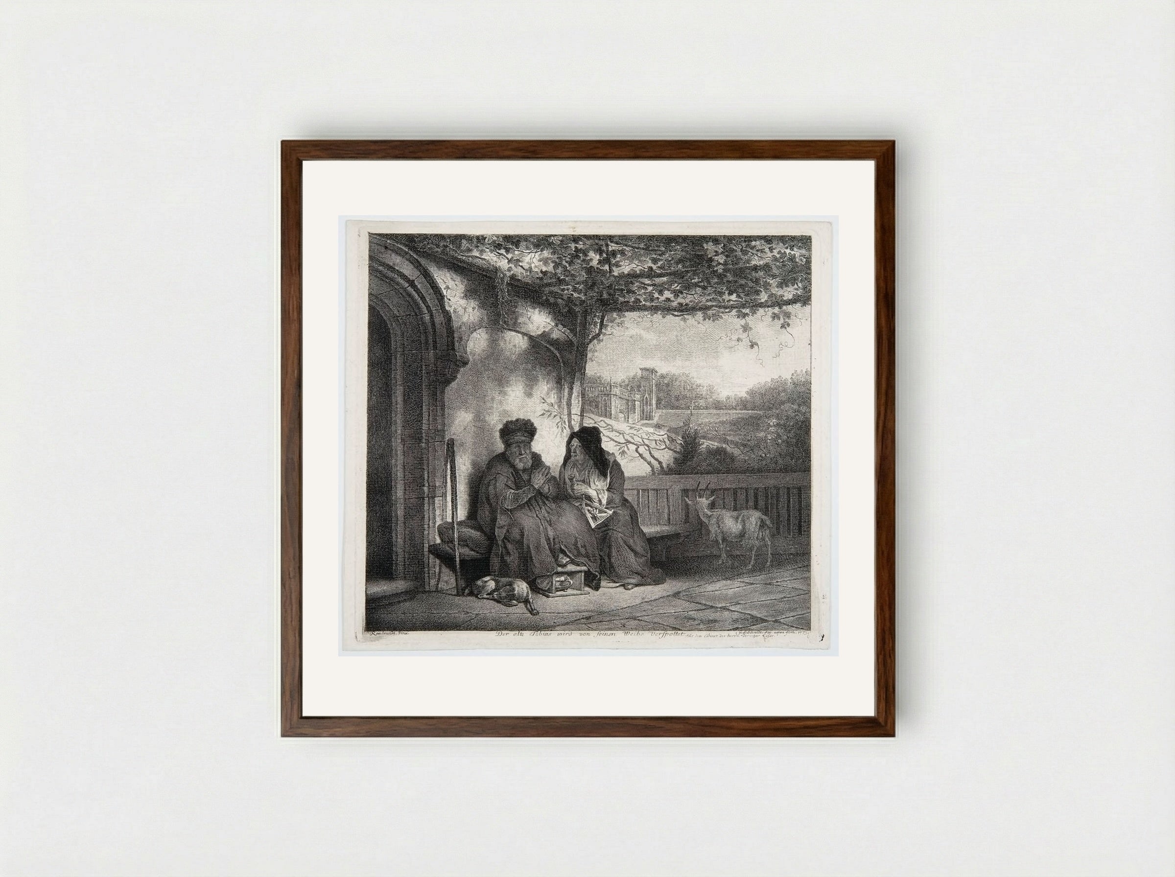 Old Tobias Mocked by His Wife - Georg Friedrich Schmidt - Framed Print Dark Wood
