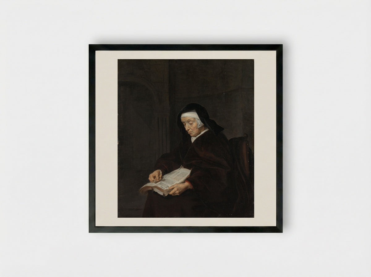 Old Woman Meditating - Gabriël Metsu - Framed Print Black