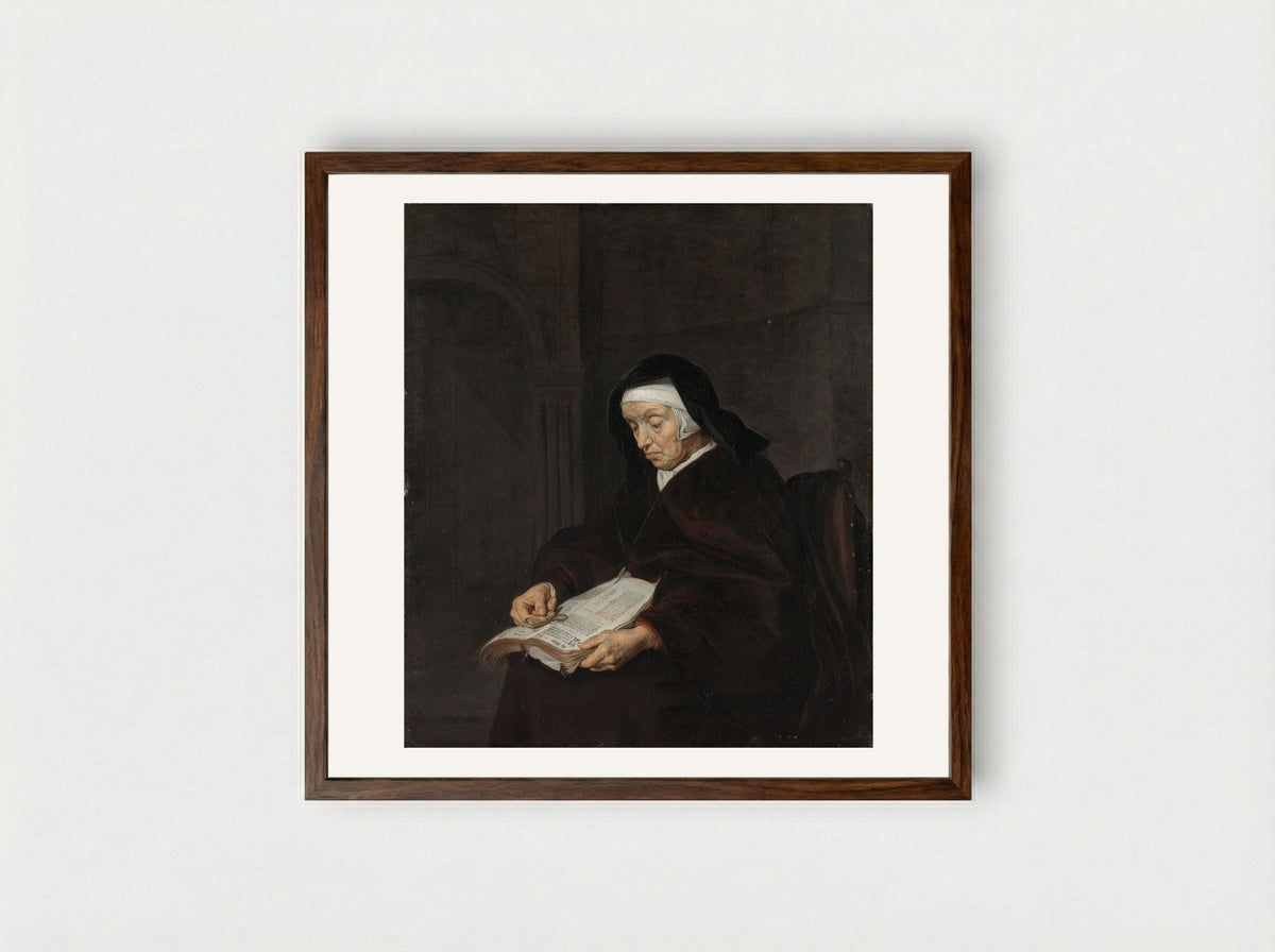 Old Woman Meditating - Gabriël Metsu - Framed Print Dark Wood