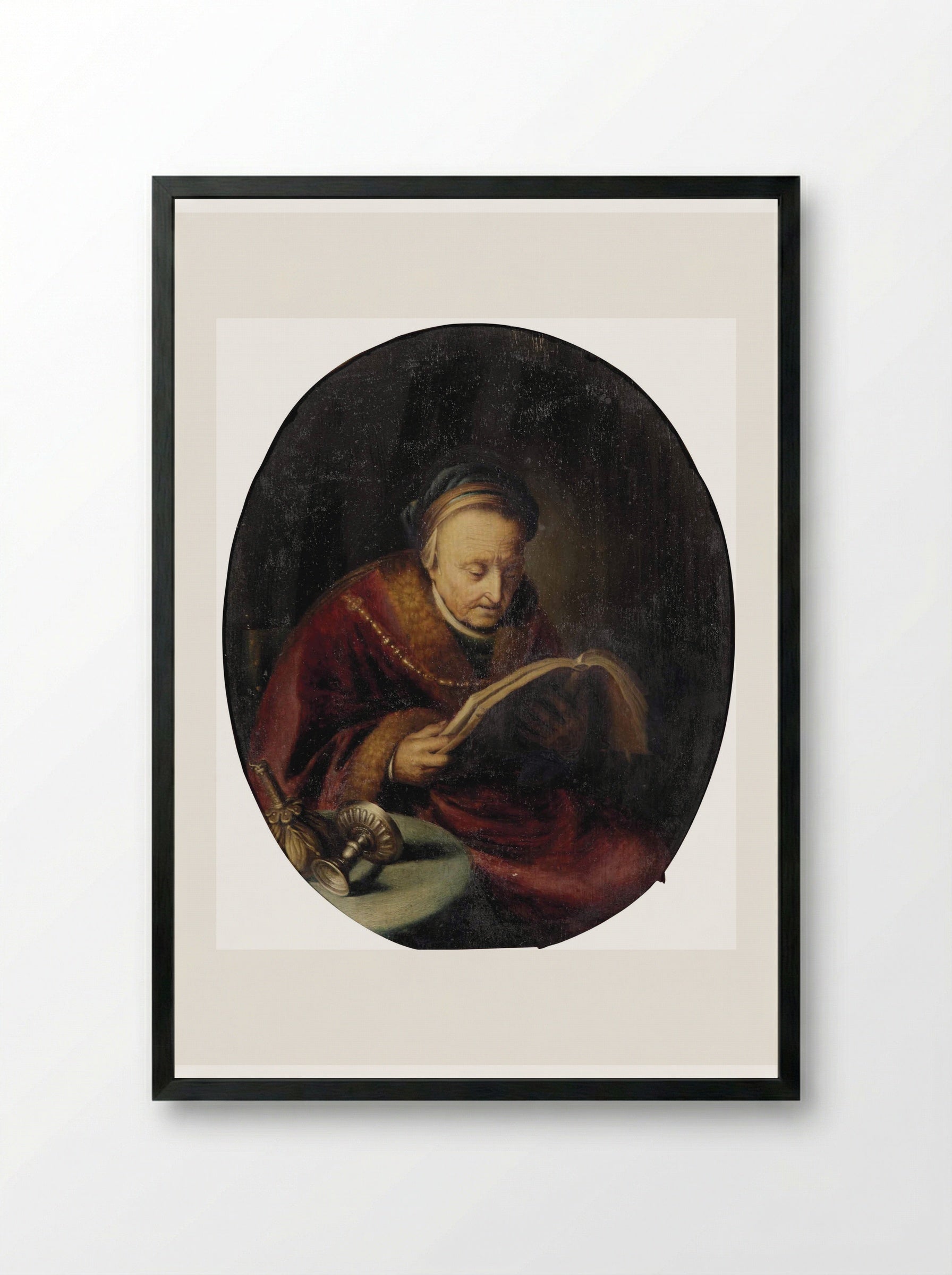 Old Woman Reading - Gerrit Dou - Framed Print Black