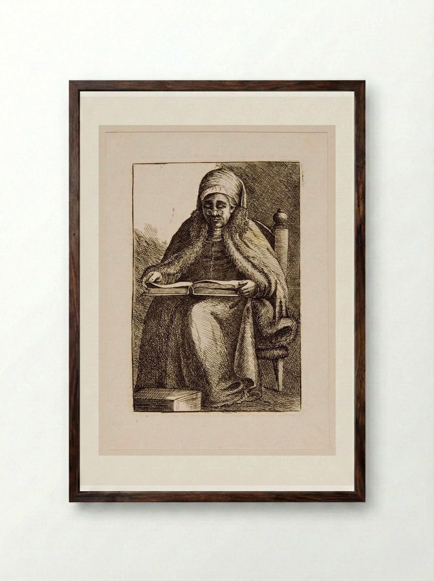 Old Woman Reading - David Deuchar - Framed Print Dark Wood