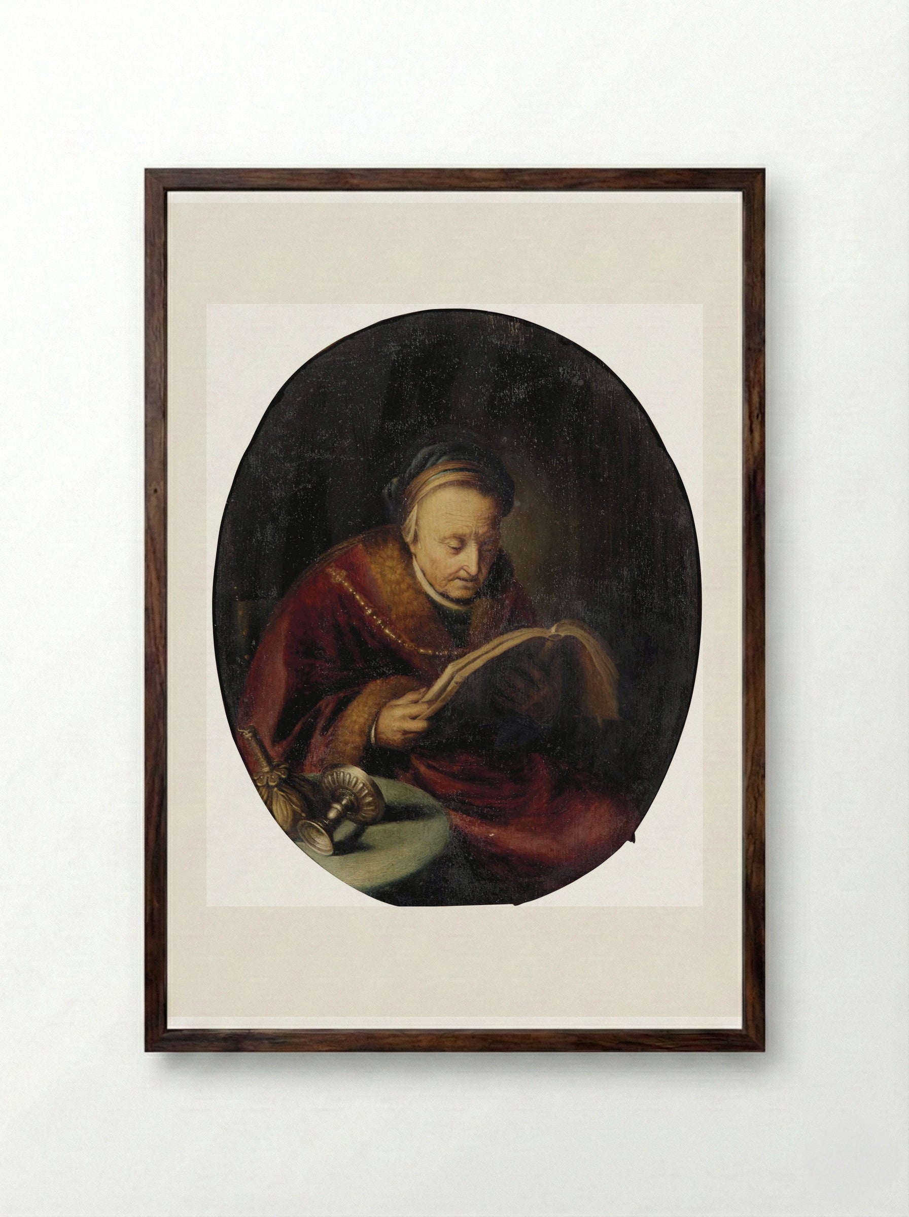 Old Woman Reading - Gerrit Dou - Framed Print Dark Wood