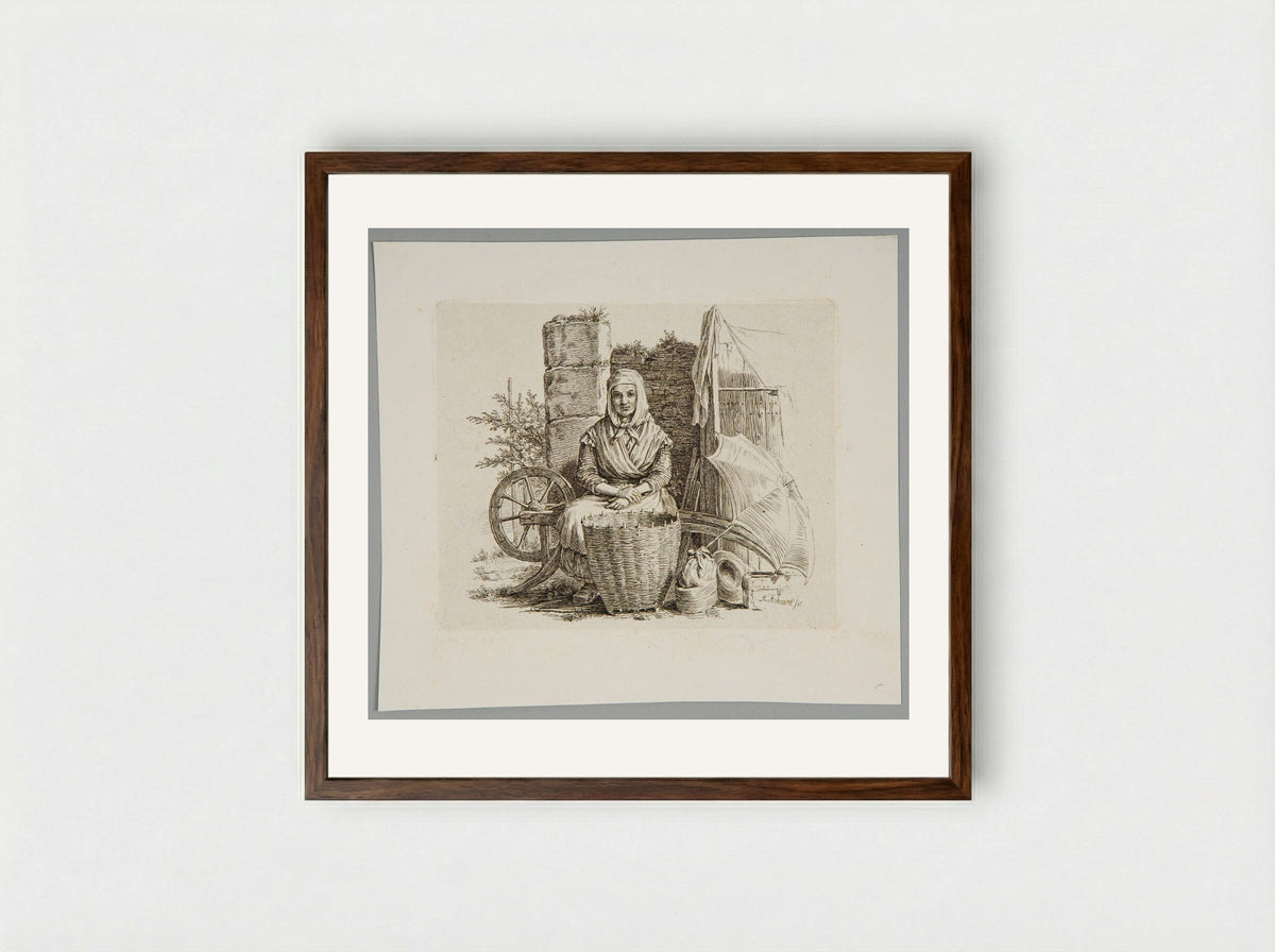 Old Woman Seated, with a Basket - Adolf Hohneck - Framed Print Dark Wood