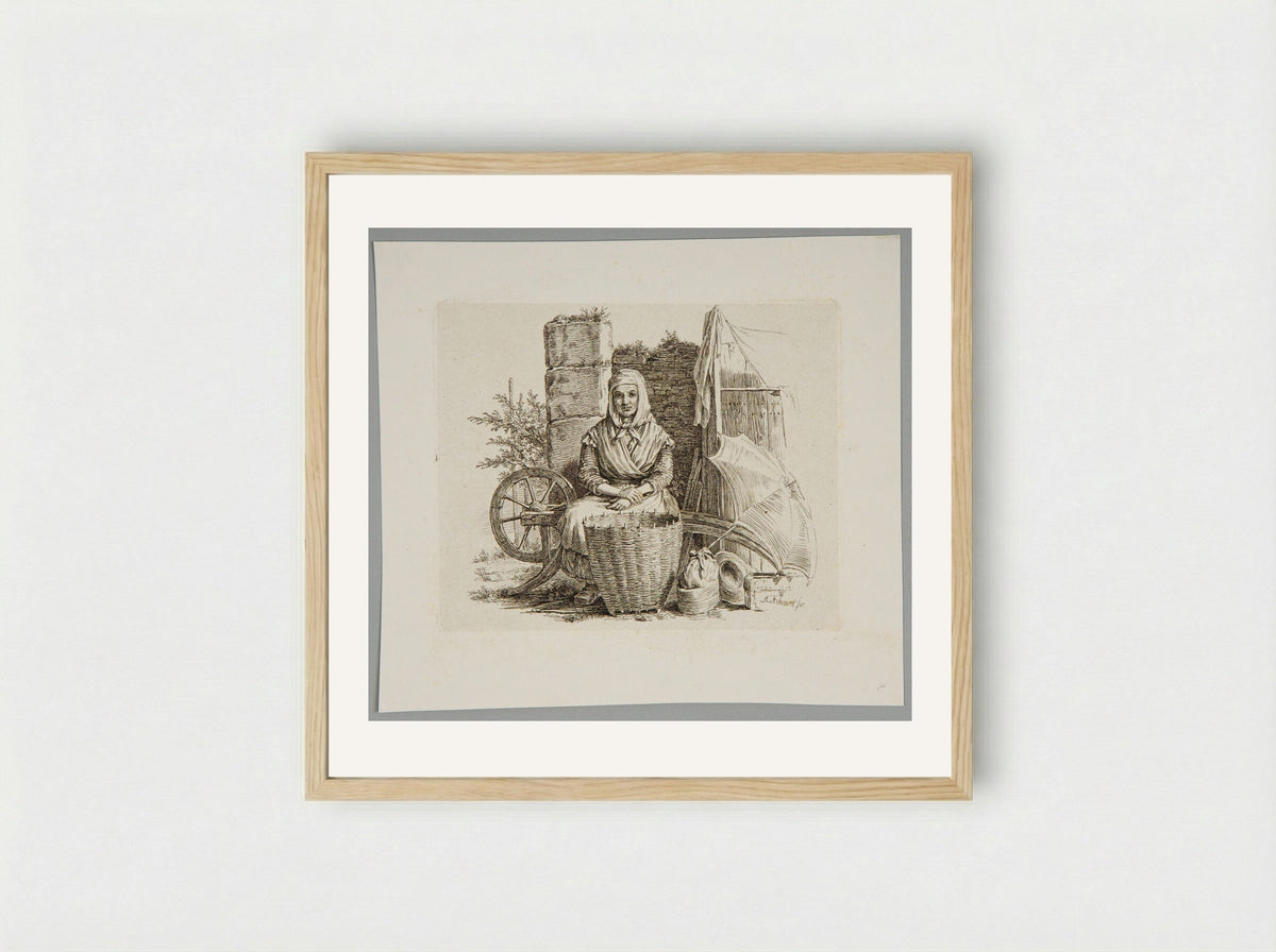 Old Woman Seated, with a Basket - Adolf Hohneck - Framed Print Wood