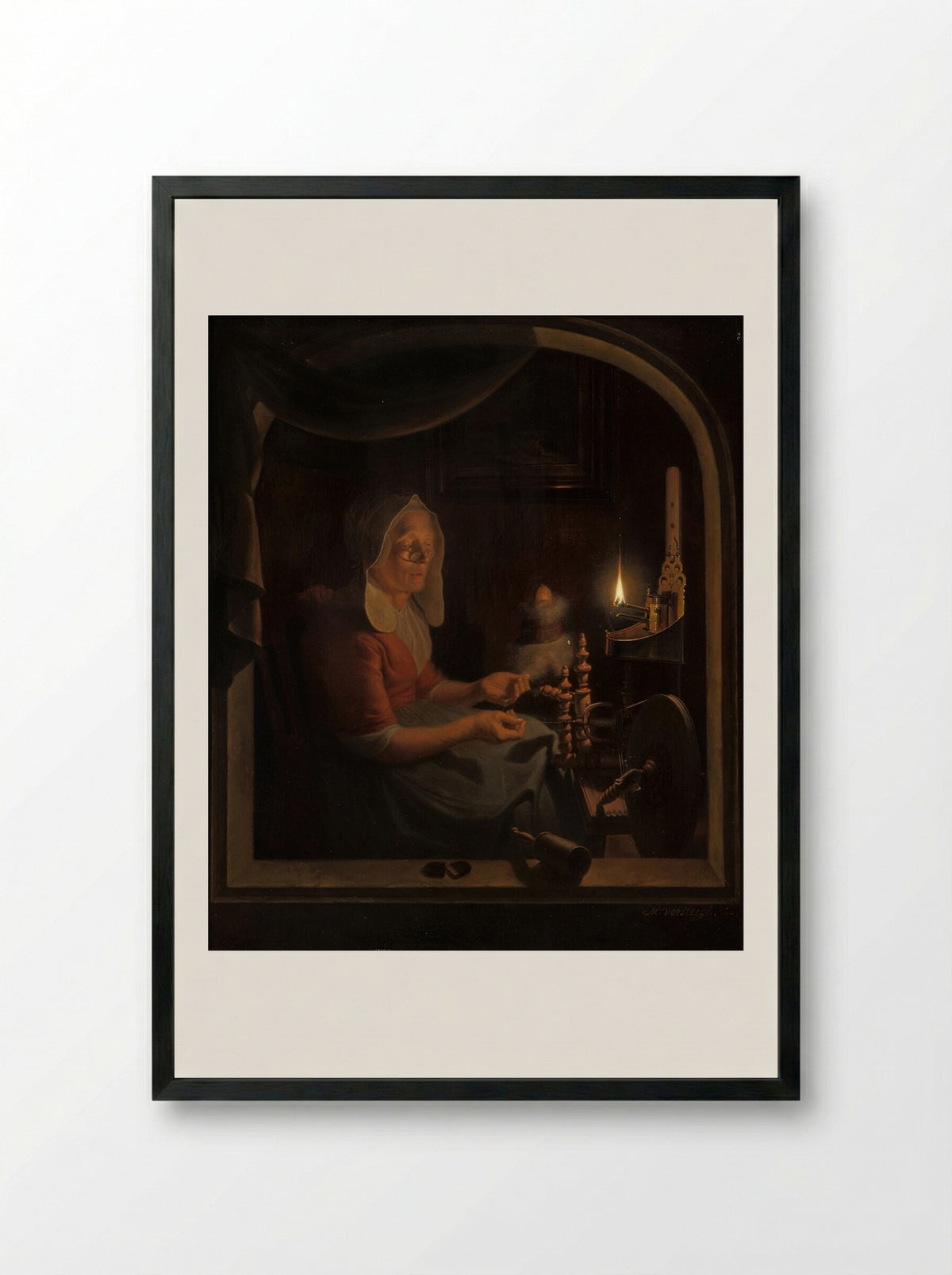 Old Woman Spinning by Candlelight - Michiel Versteegh - Framed Print Black