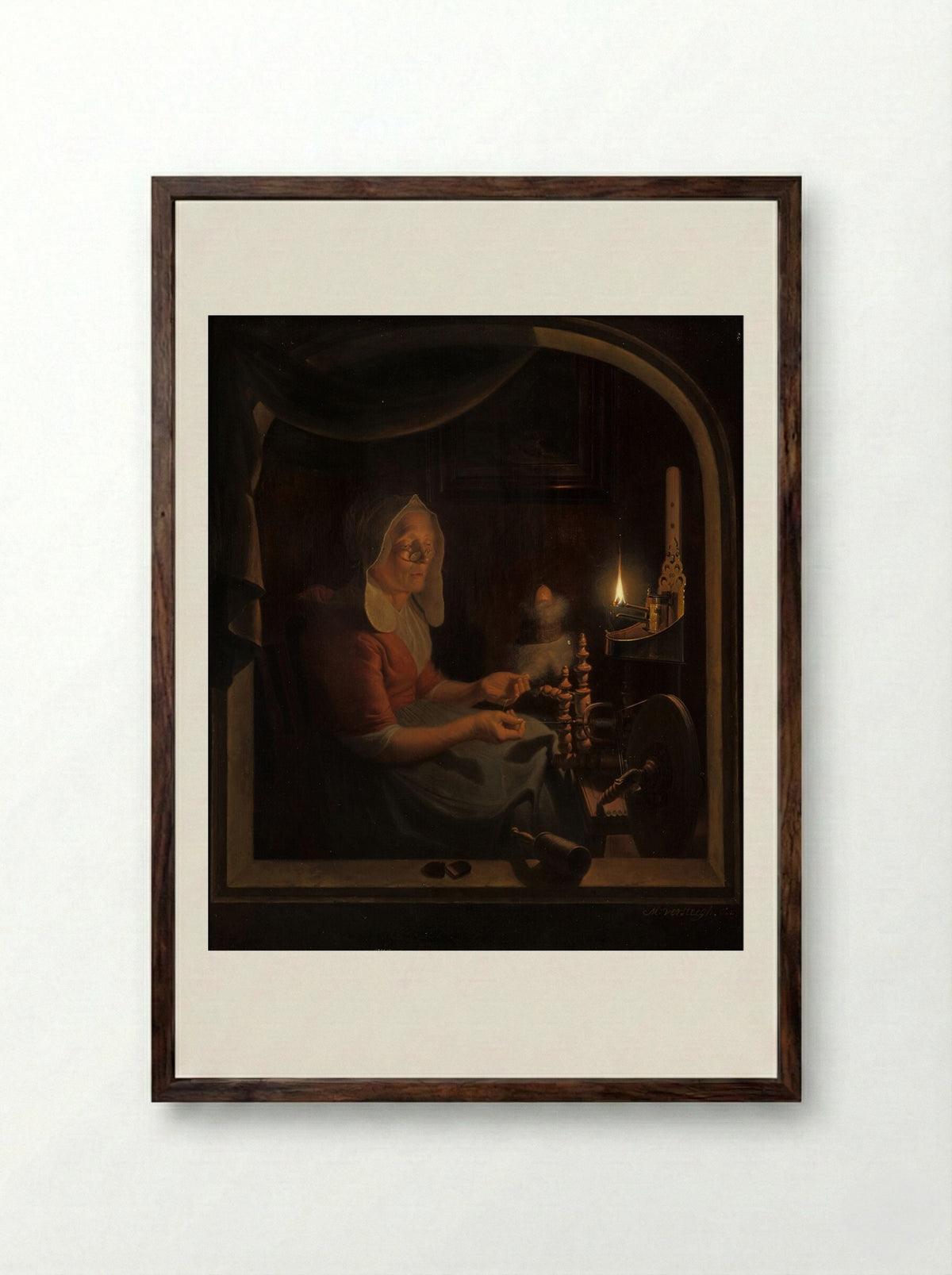 Old Woman Spinning by Candlelight - Michiel Versteegh - Framed Print Dark Wood