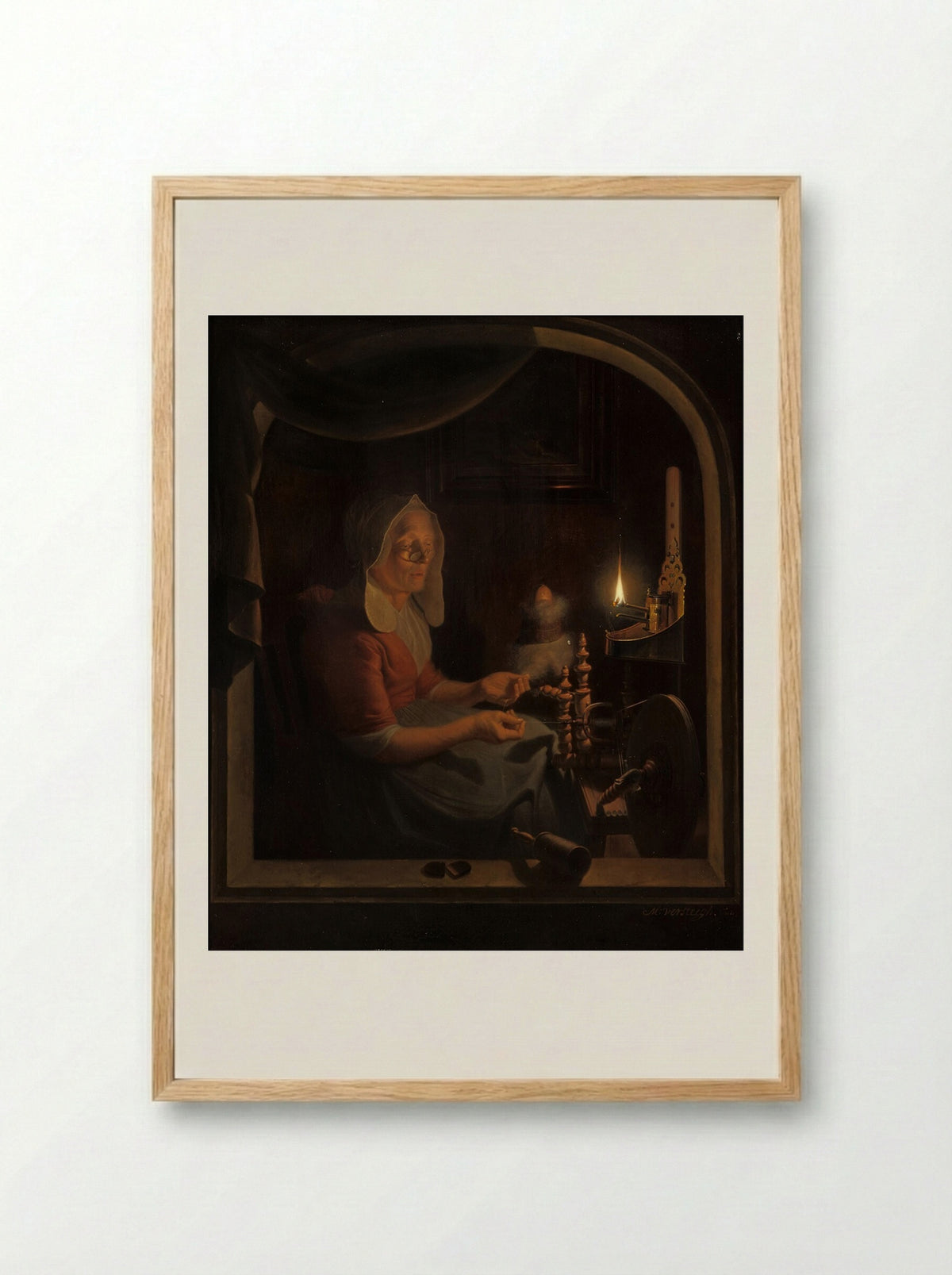 Old Woman Spinning by Candlelight - Michiel Versteegh - Framed Print Wood